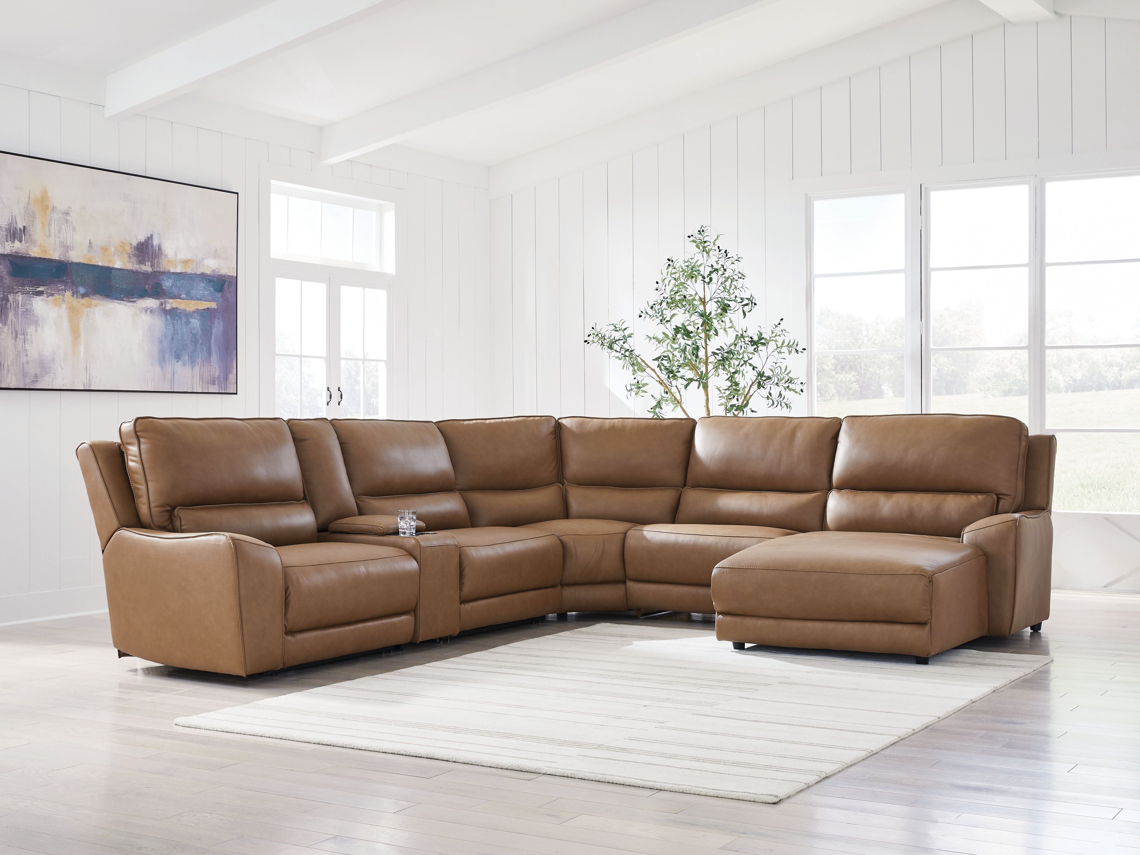Ashley Furniture DeepWakes - 6-Piece Power Reclining Sectional With RAF Press Back Power Chaise And Storage Console - Caramel - Image 5
