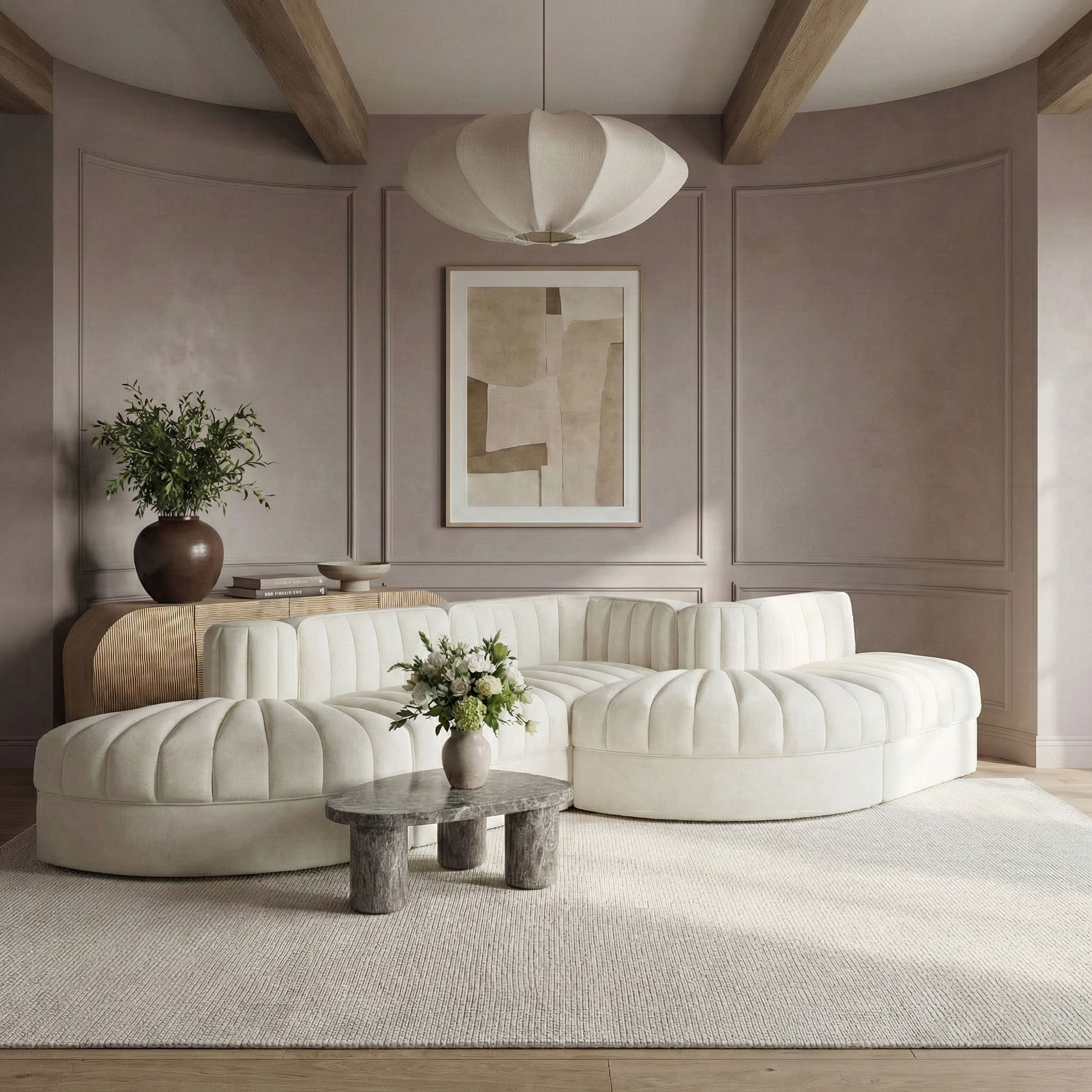 Rummi - Rounded Velvet Performance Fabric Upholstered 5 Piece Modular Sectional - Cream