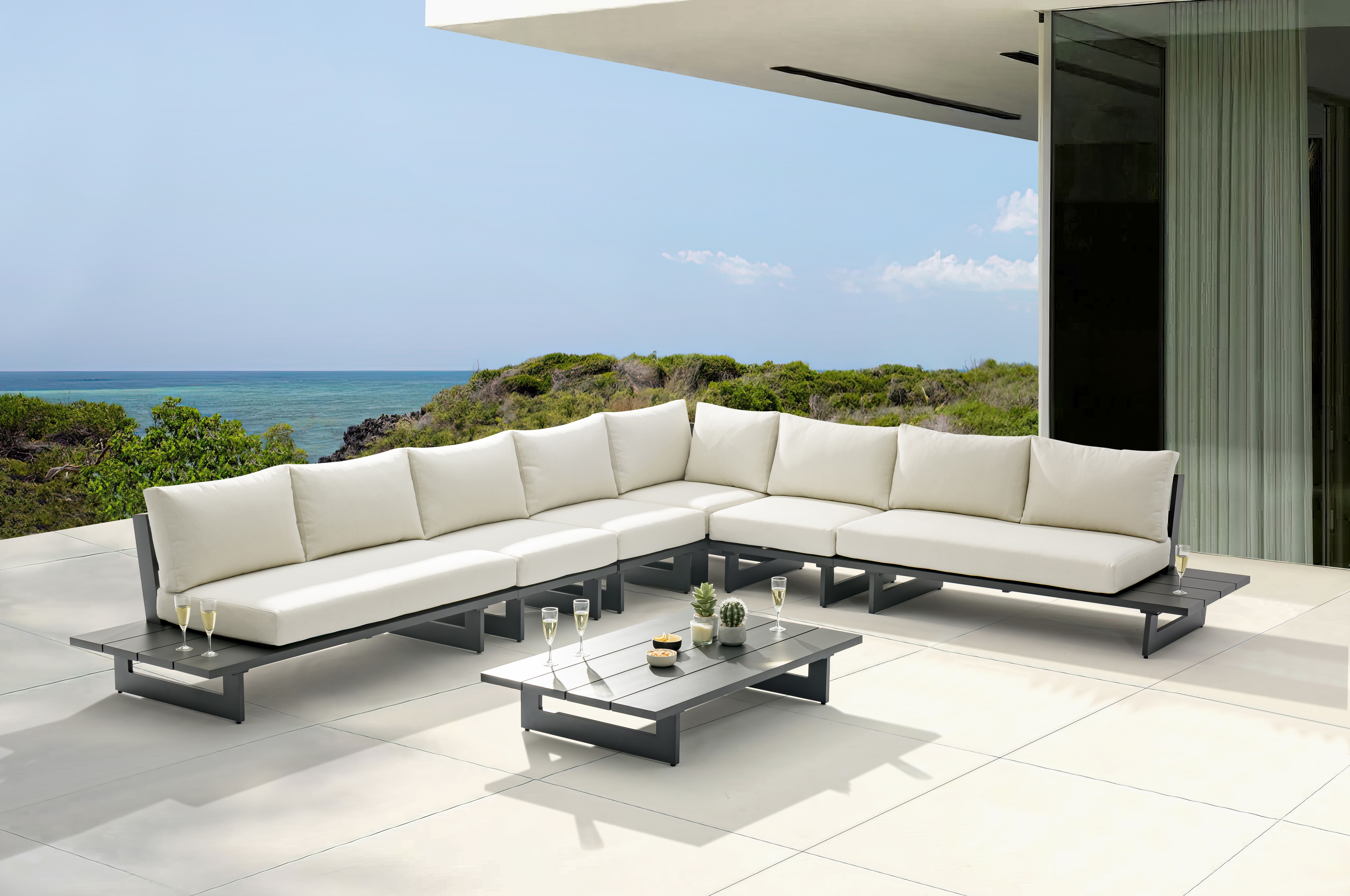 Maldives - 6 Piece Water Resistant Outdoor Patio Modular Corner Sectional With Gray Base - Cream
