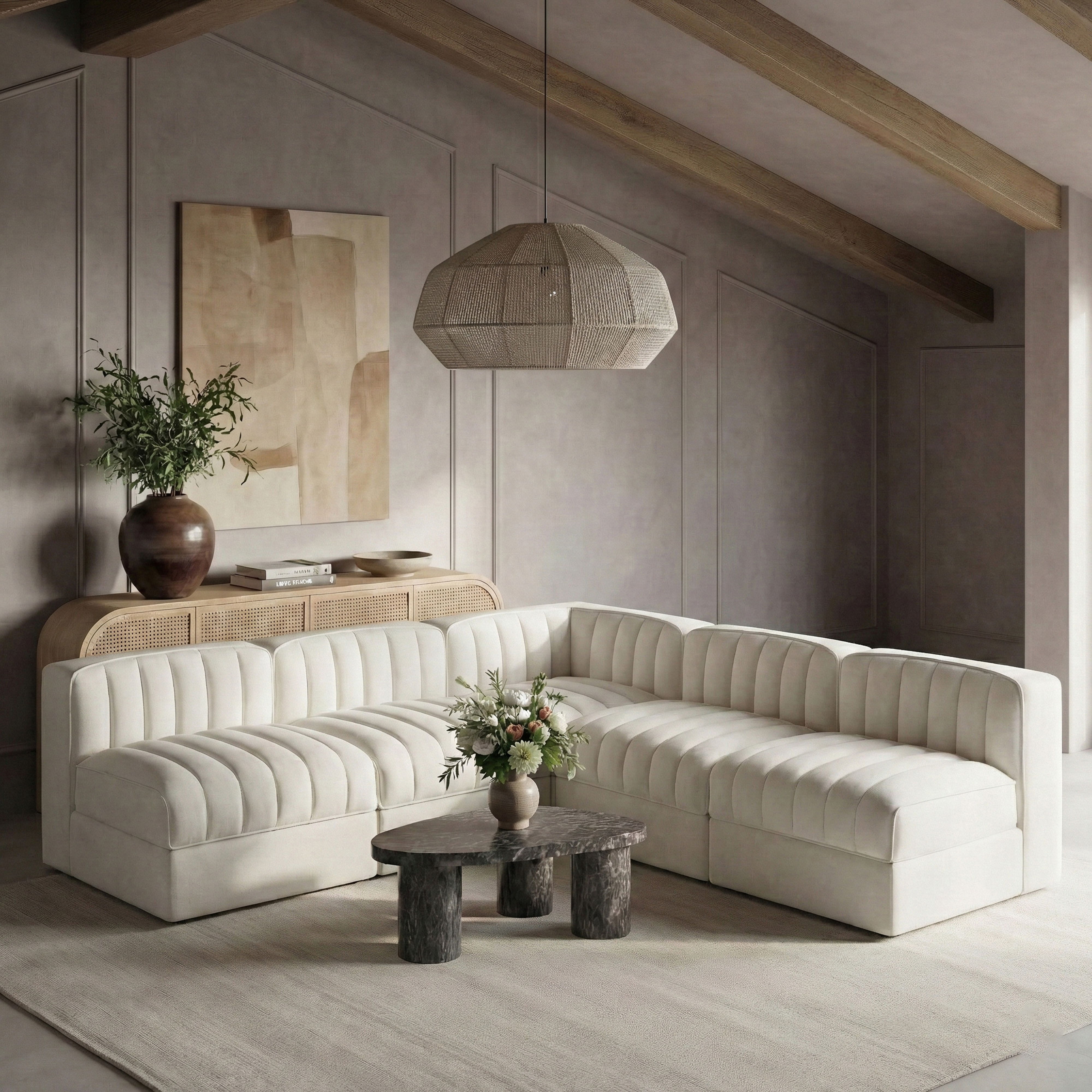 Rummi - Armless Velvet Performance Fabric Upholstered 5 Piece Modular Sectional - Cream