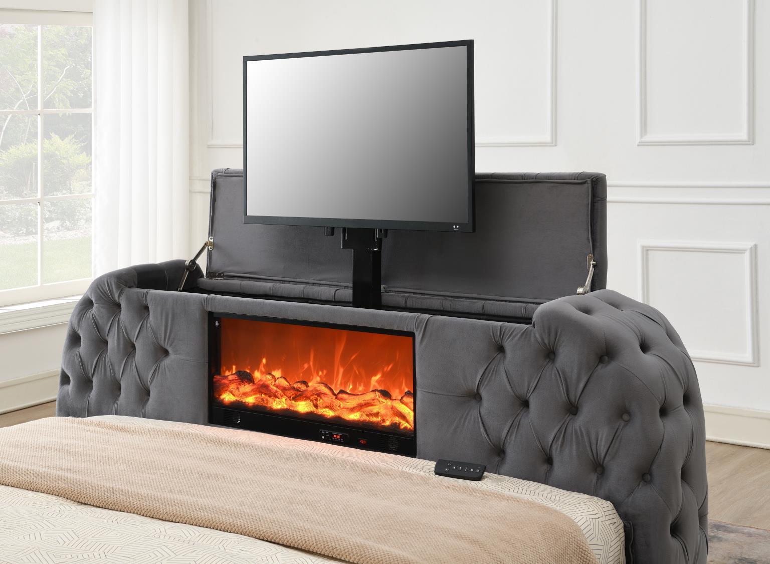 B541 - Velvet King Bed With Fireplace, TV Mount & Bluetooth Speaker & USB, with Type-C Ports - Dark Gray