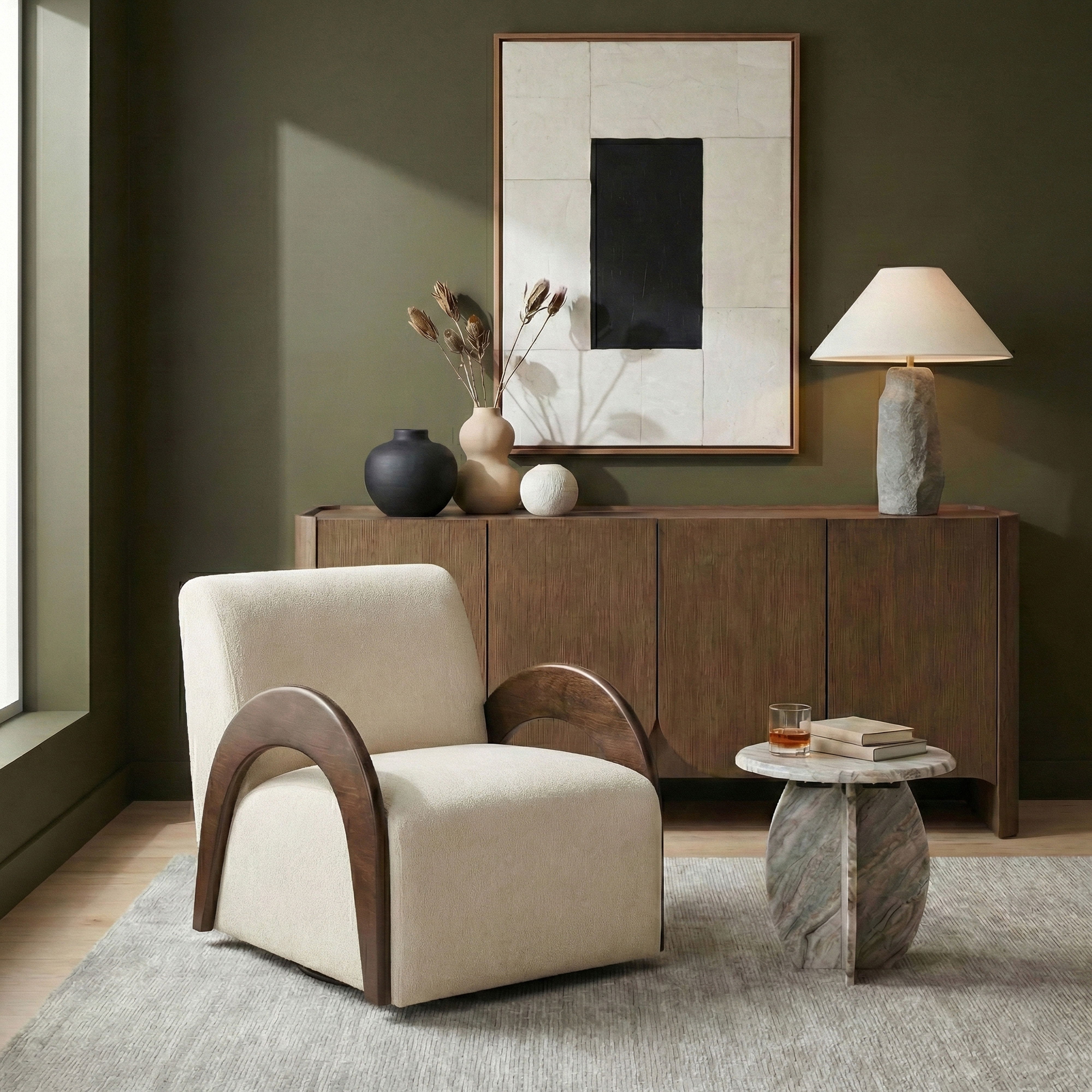 Neria - Chenille Fabric Upholstered Swivel Accent Chair - Cream / Painted Brown