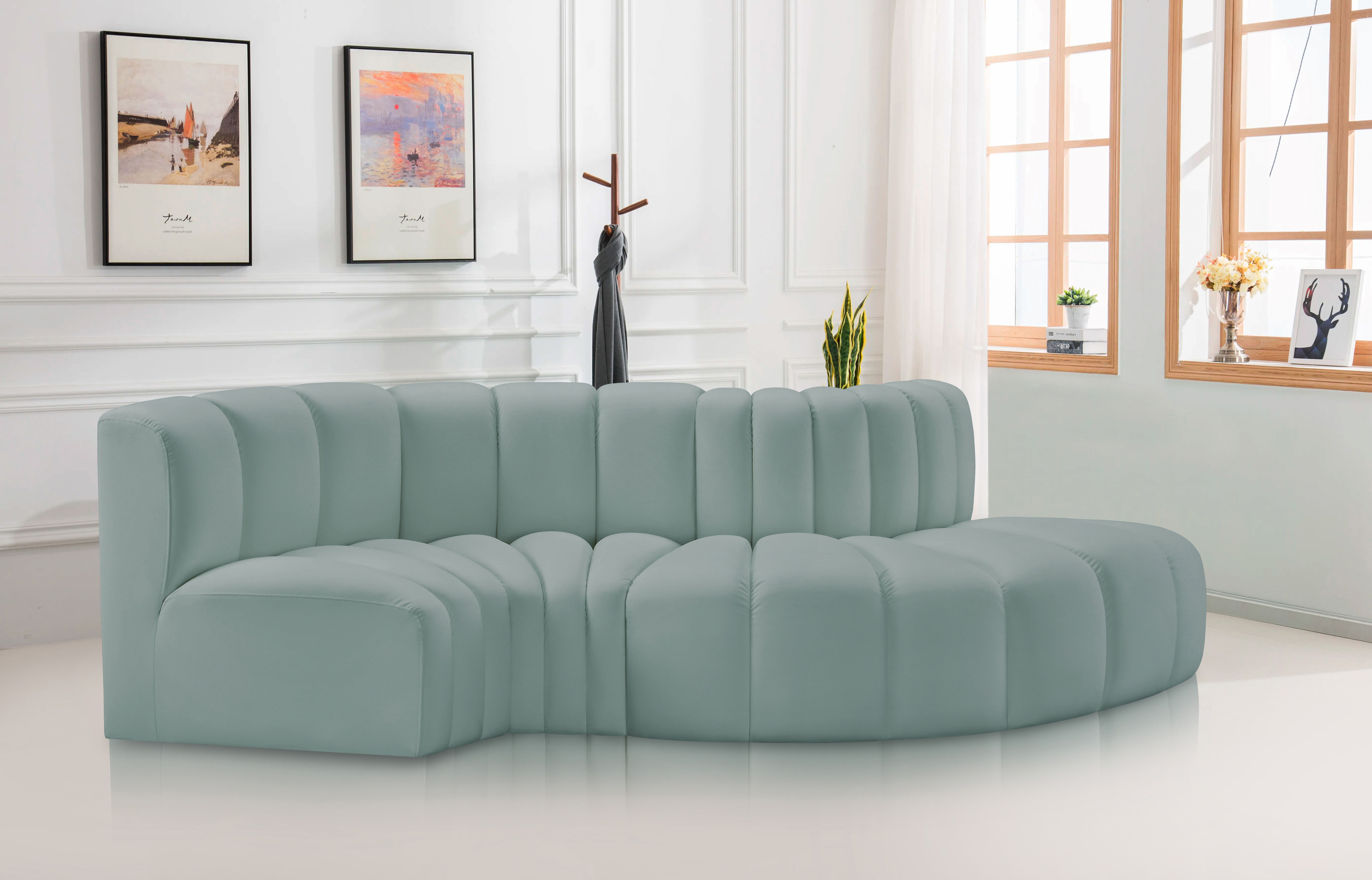 Arc - Faux Leather 4 Piece L-Shaped Modular Sofa - Mint Green