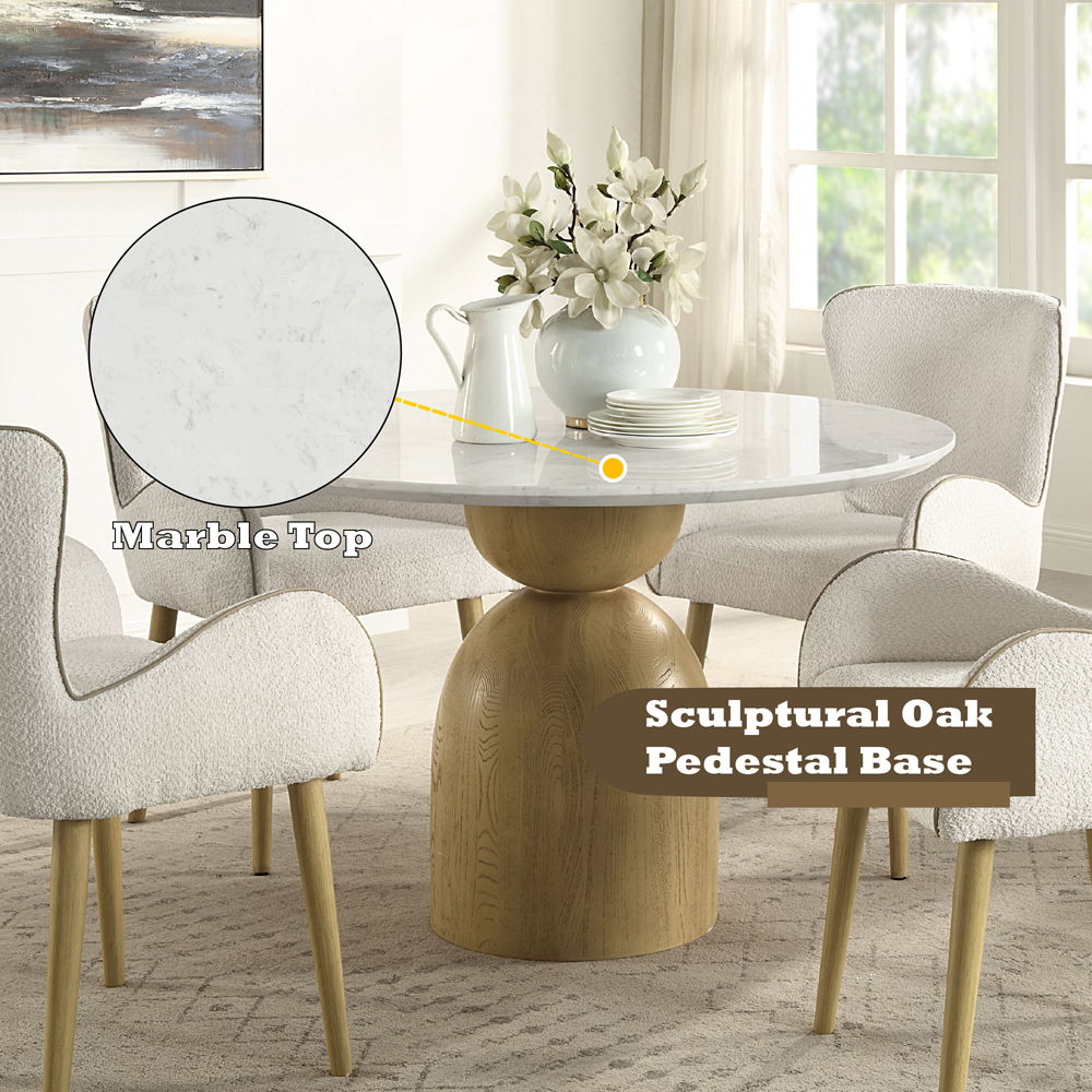 Kala - Round Dining Table With Marble Top - Natural Marble Top & Oak, light brown, view 4