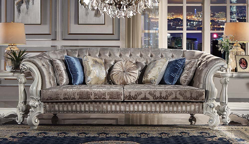 Versailles - Sofa With 7 Pillows - Ivory Fabric & Bone White, white
