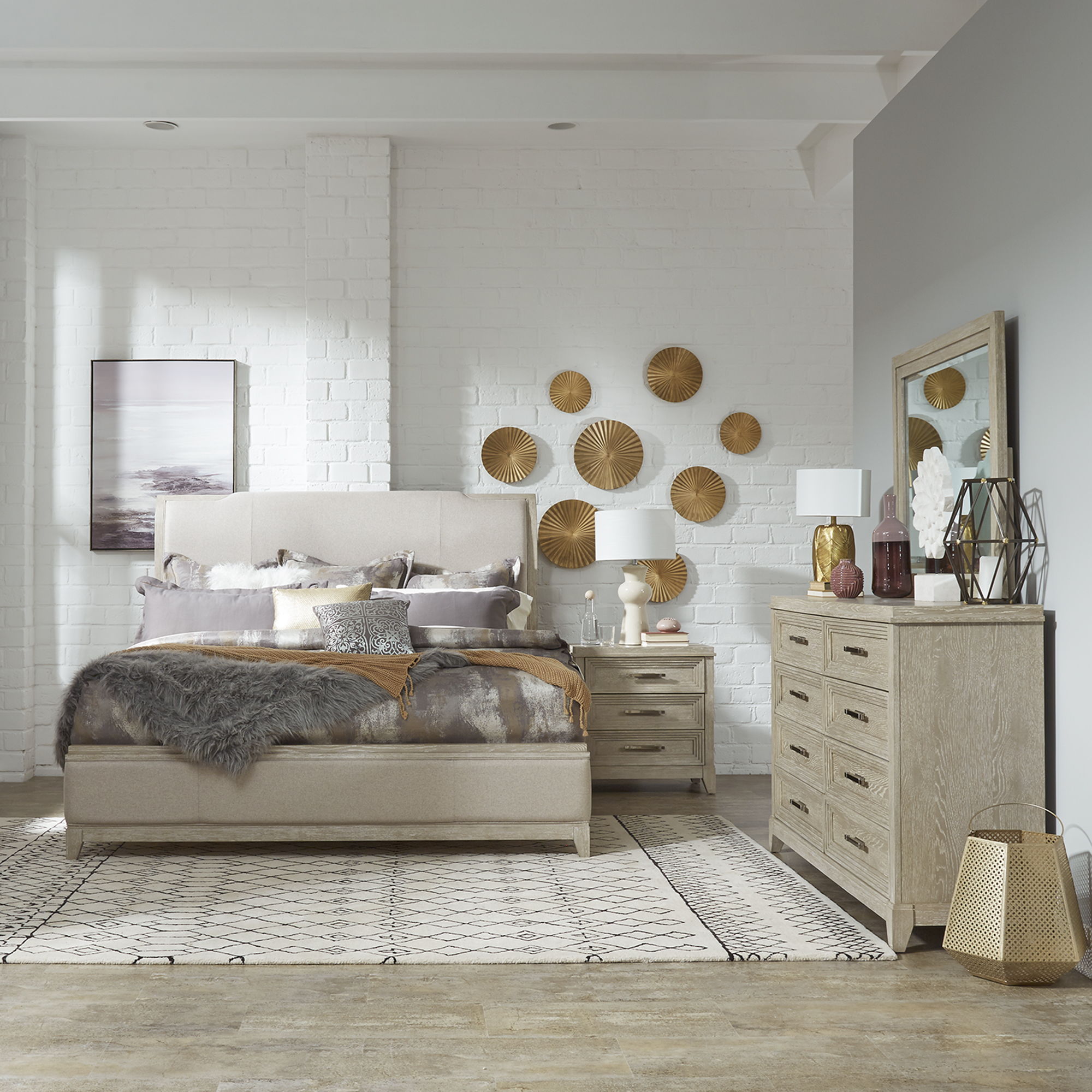 Liberty Furniture Belmar - 4 Piece Bedroom Set (Queen Upholstered Bed, Dresser & Mirror, Nightstand) - Washed Taupe