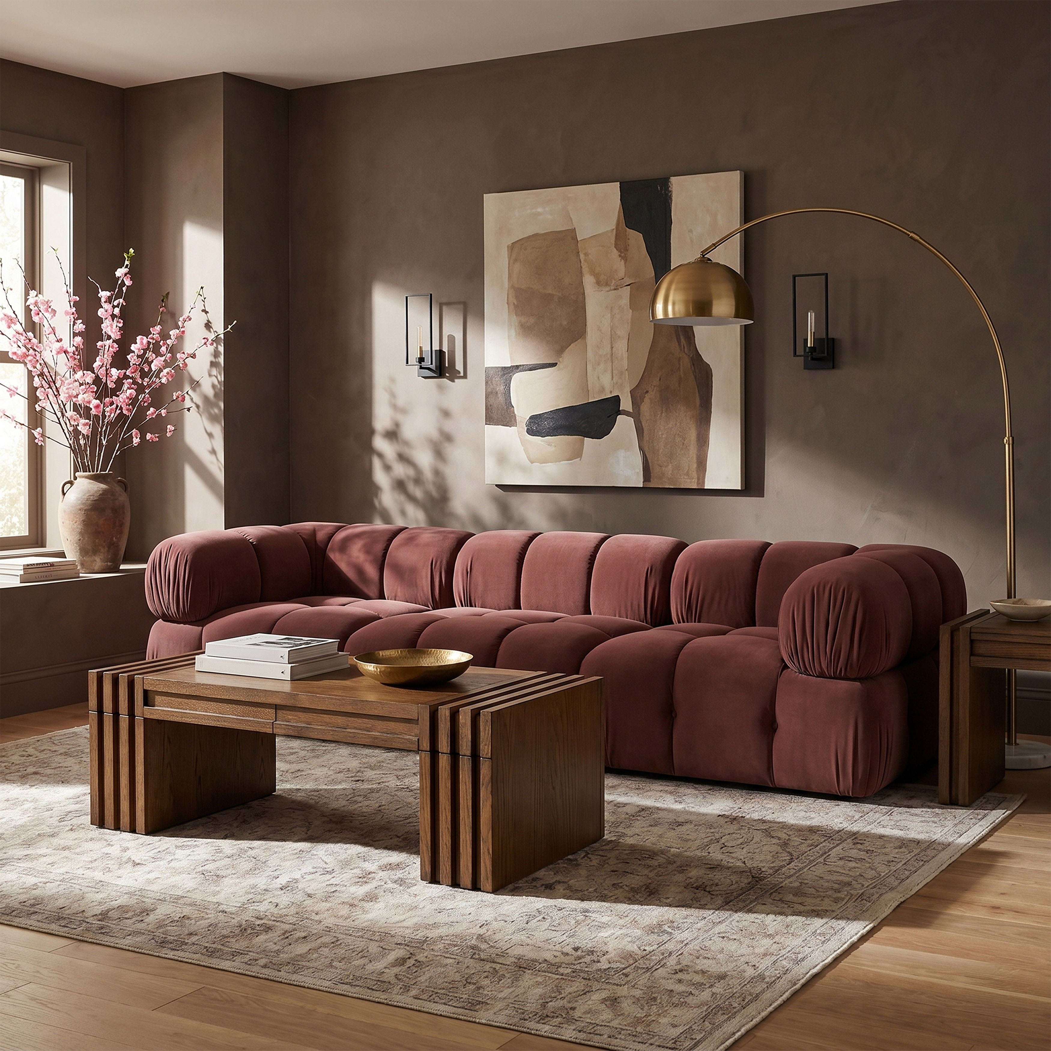 Orin - Velvet Performance Fabric Upholstered 3 pc. Modular Sofa - Rose