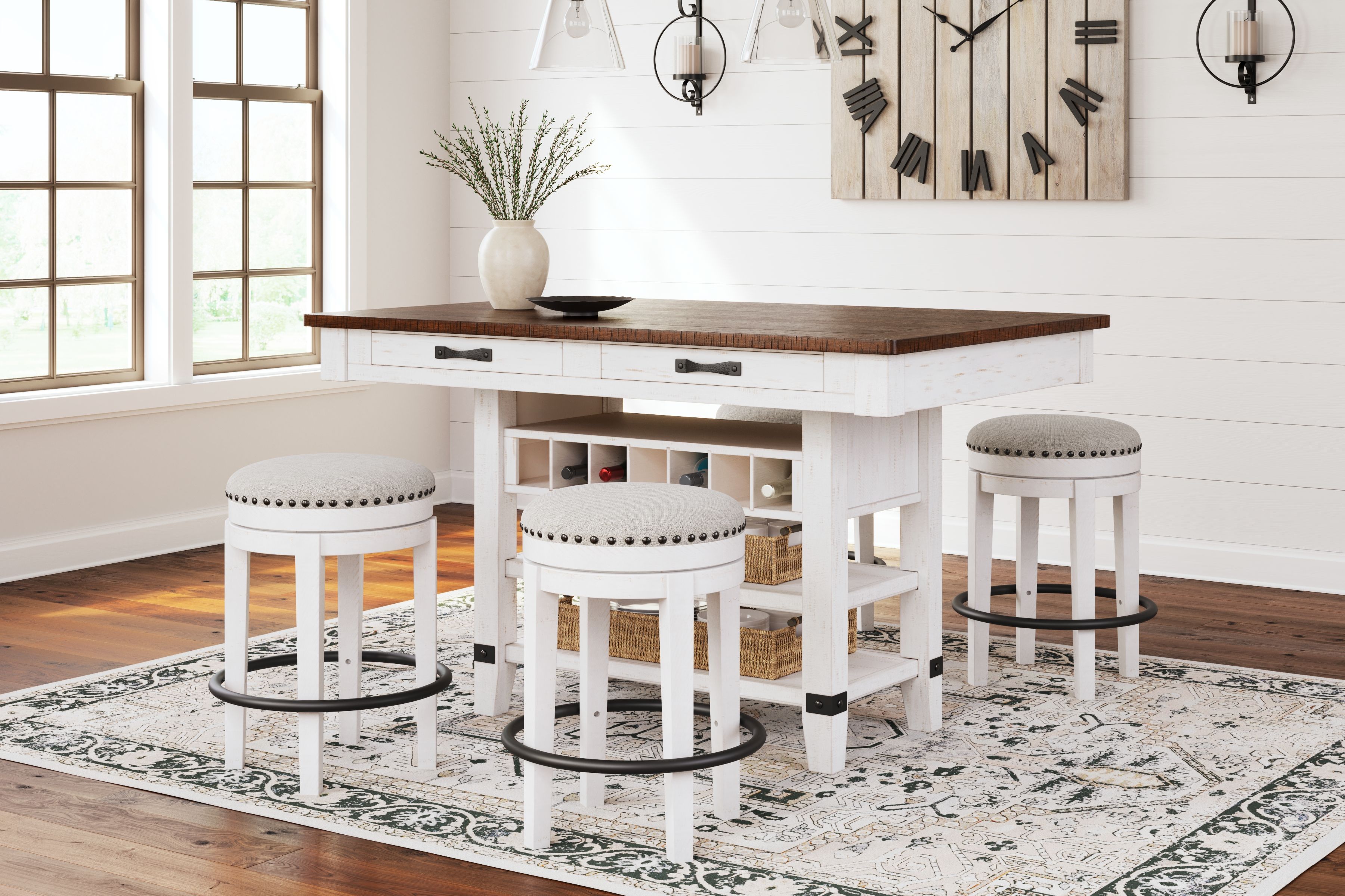 5 Pc · Counter Table With Wine Rack, 4 Swivel Stools