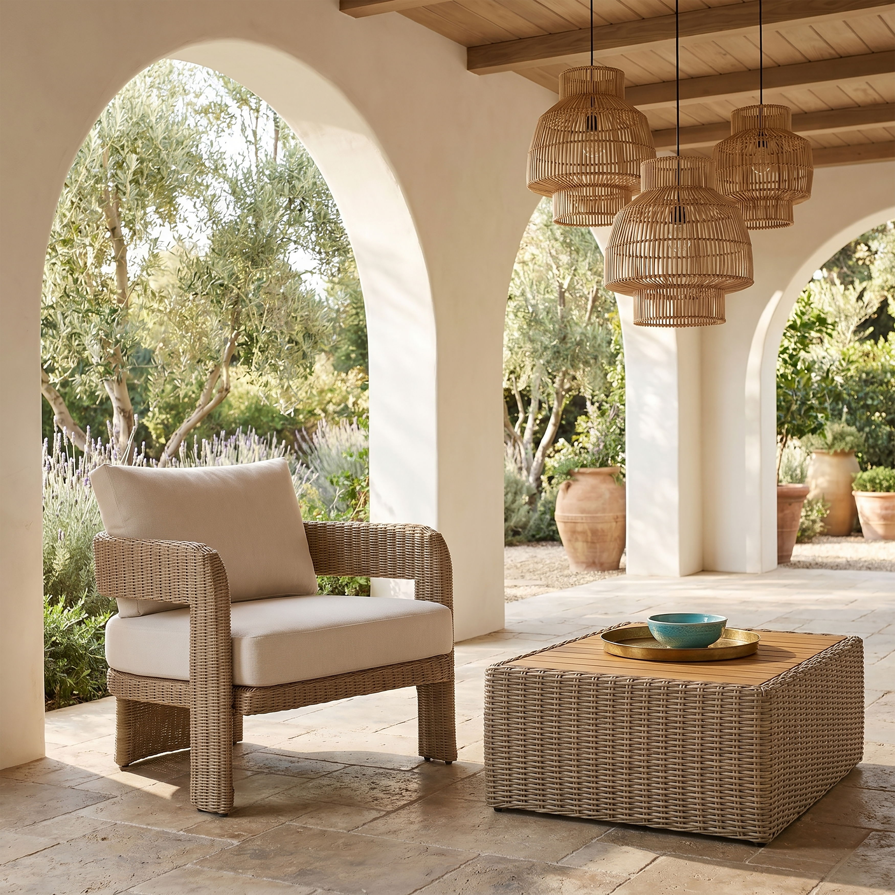 Sandbay - Olefin Water Resistant Fabric And Wicker Outdoor Patio Accent Chair - Beige