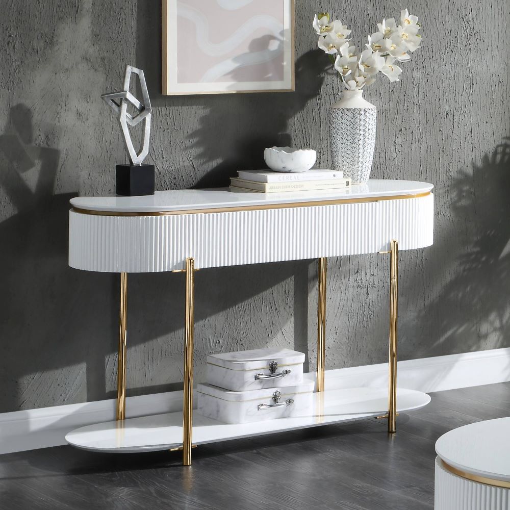 Daveigh - Sofa Table - White High Gloss & Gold, white