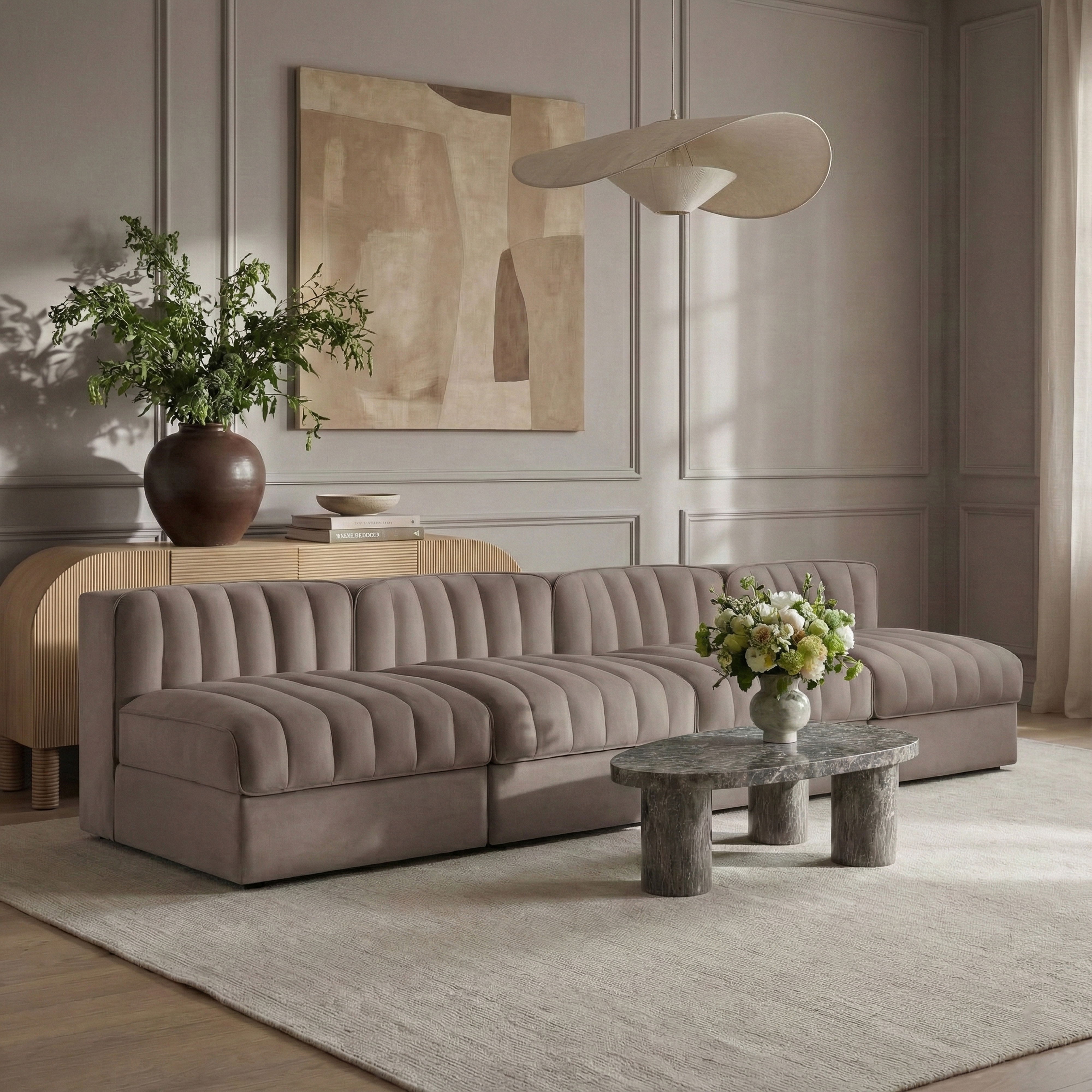 Rummi - Armless Velvet Performance Fabric Upholstered 4 Piece Modular Sofa - Taupe