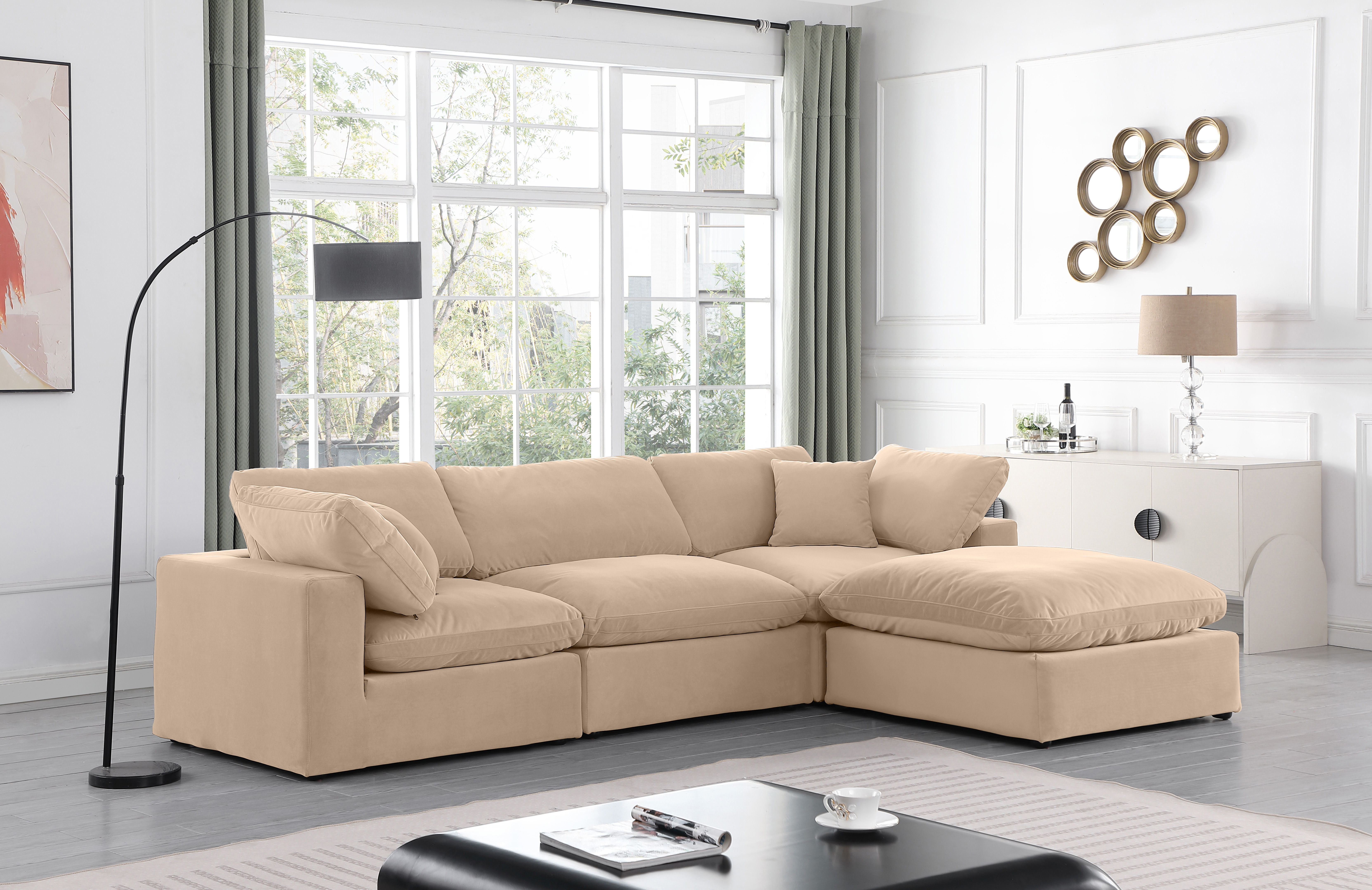 Comfy - 4 Piece Velvet Modular Sectional With Chaise - Light Beige