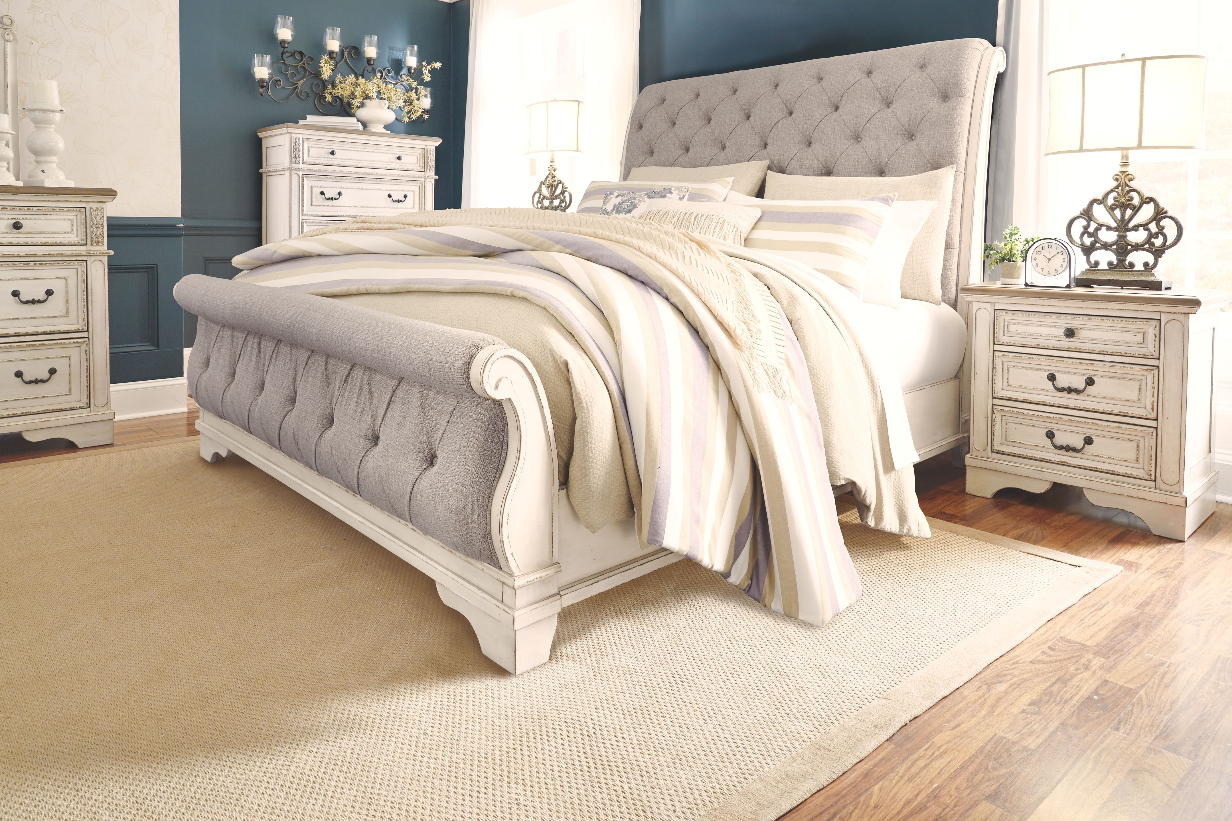 Ashley Furniture Realyn - 8 Pc. - Dresser, Mirror, Chest, King Upholstered Sleigh Bed, 2 Nightstands - Two-tone - Image 6