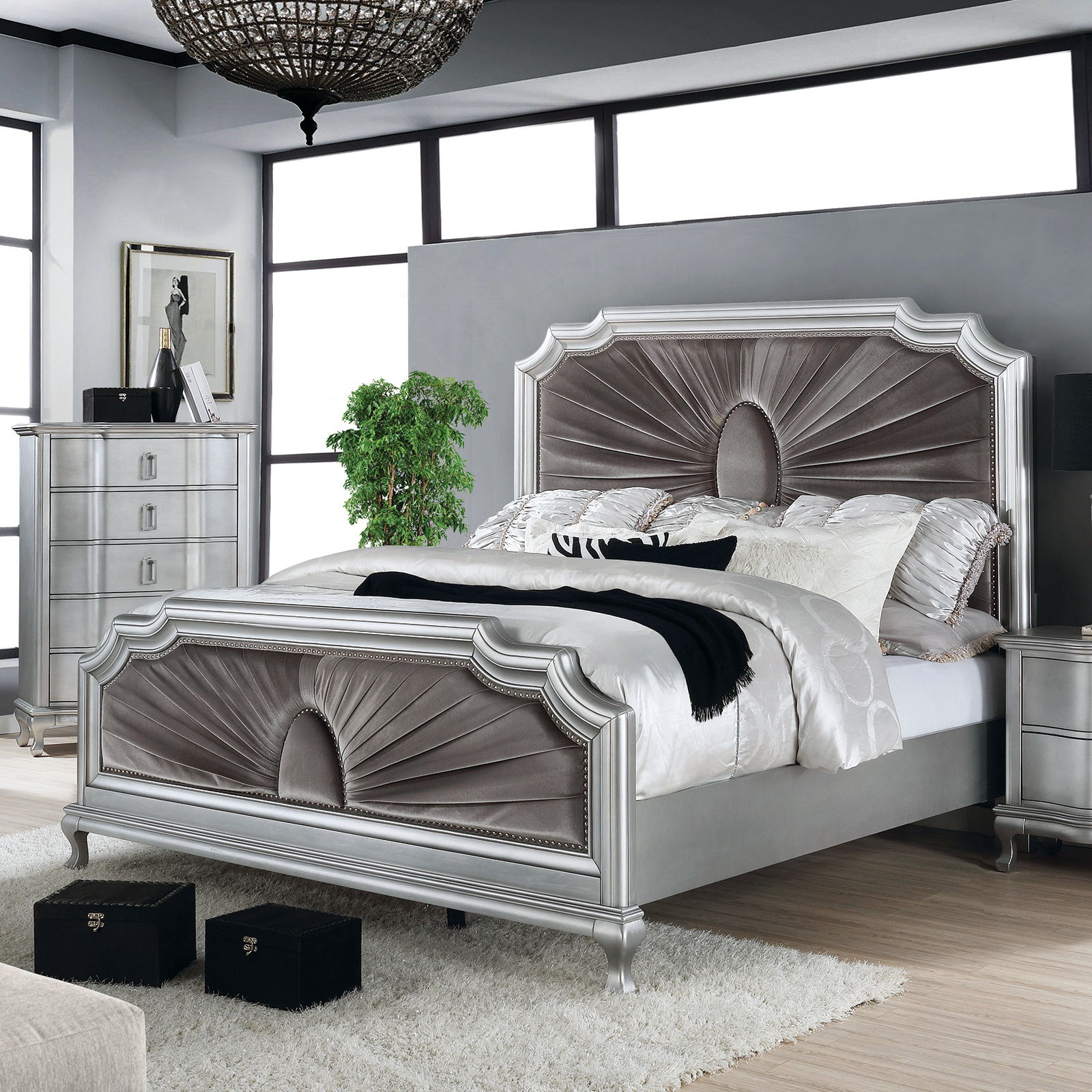 Aalok - Eastern King Bed - Silver / Warm Gray