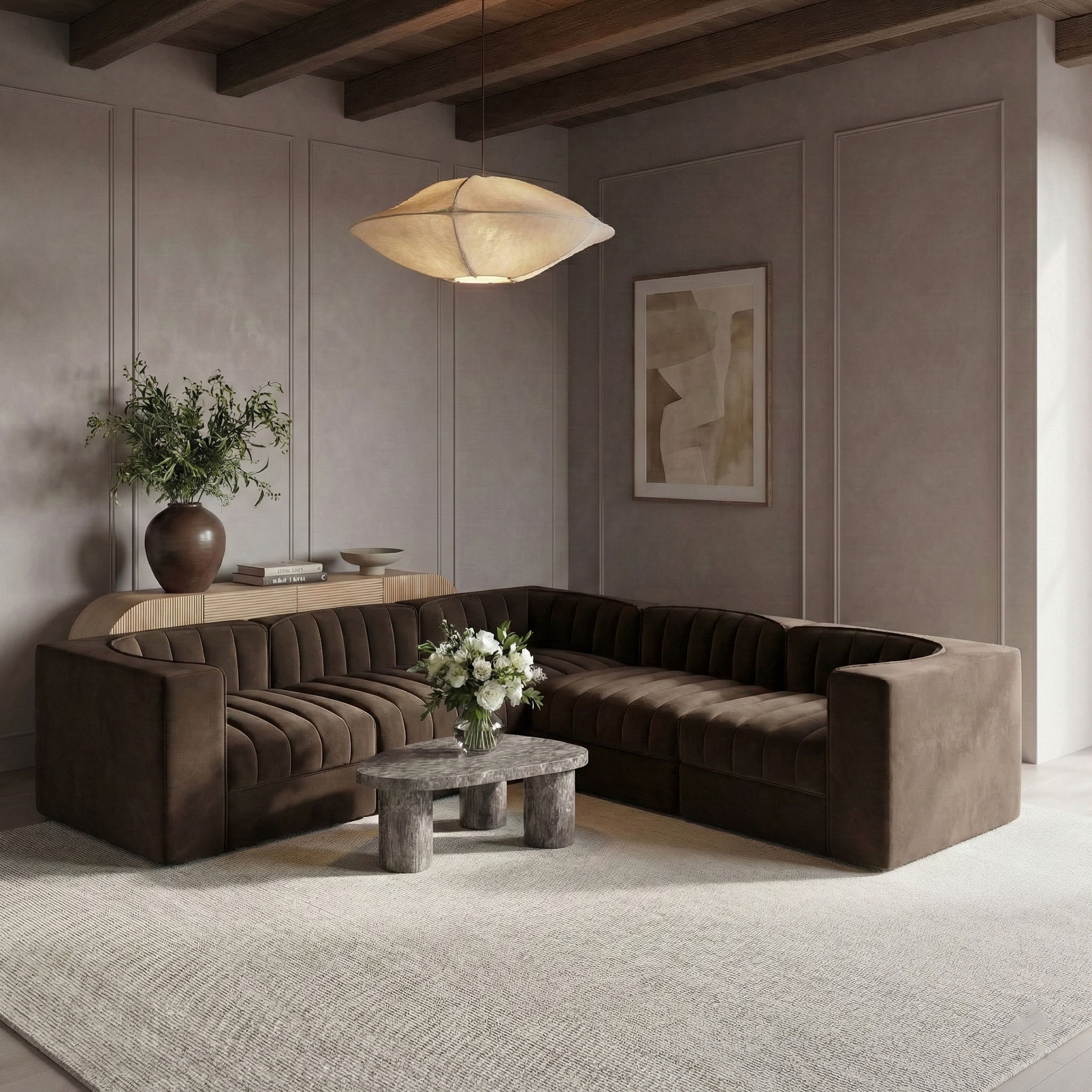 Rummi - Symmetrical Velvet Performance Fabric Upholstered 5 Piece Modular Sectional - Brown