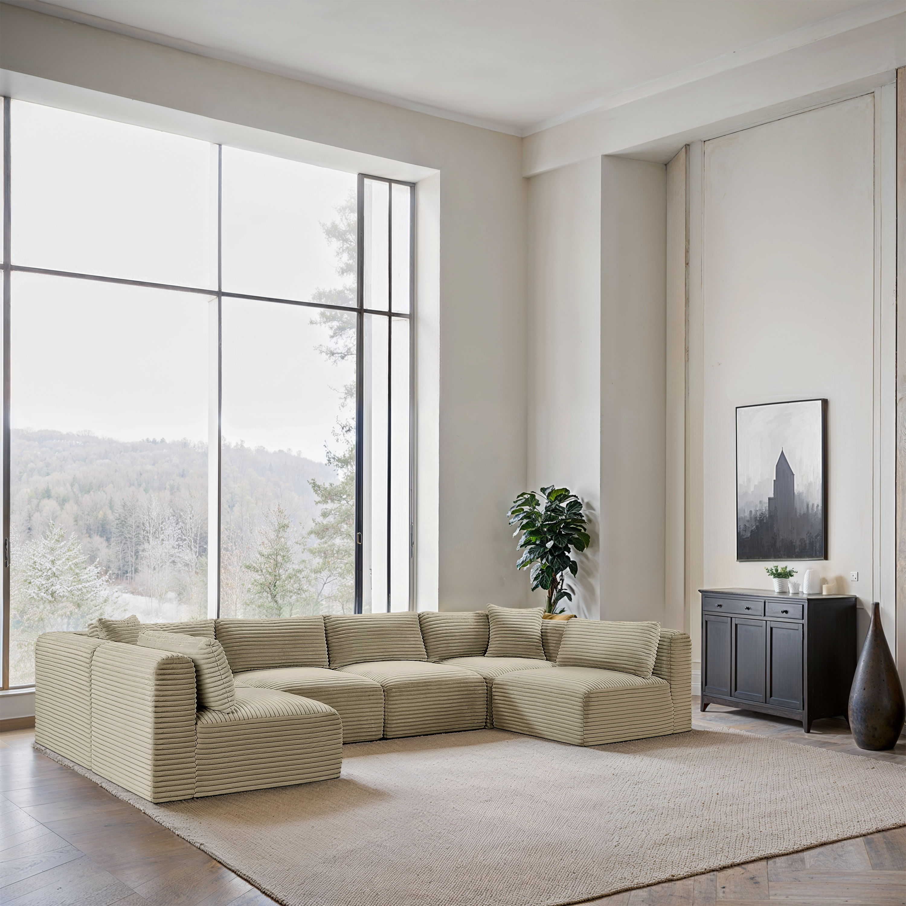 Shaggy - 6 Piece Modular U-Shaped Armless Sectional - Cream