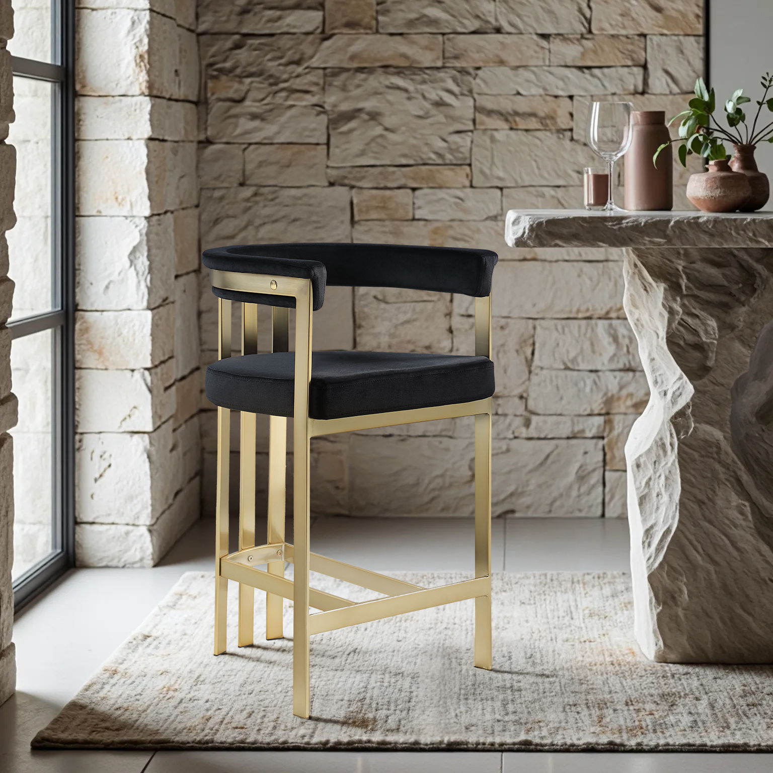 Marcello - Counter Stool With Brushed Gold Iron Frame (Set of 2) - Black