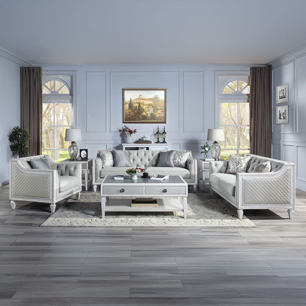 Katia - Loveseat With 2 Pillows - Light Gray Linen & Weathered White, light gray