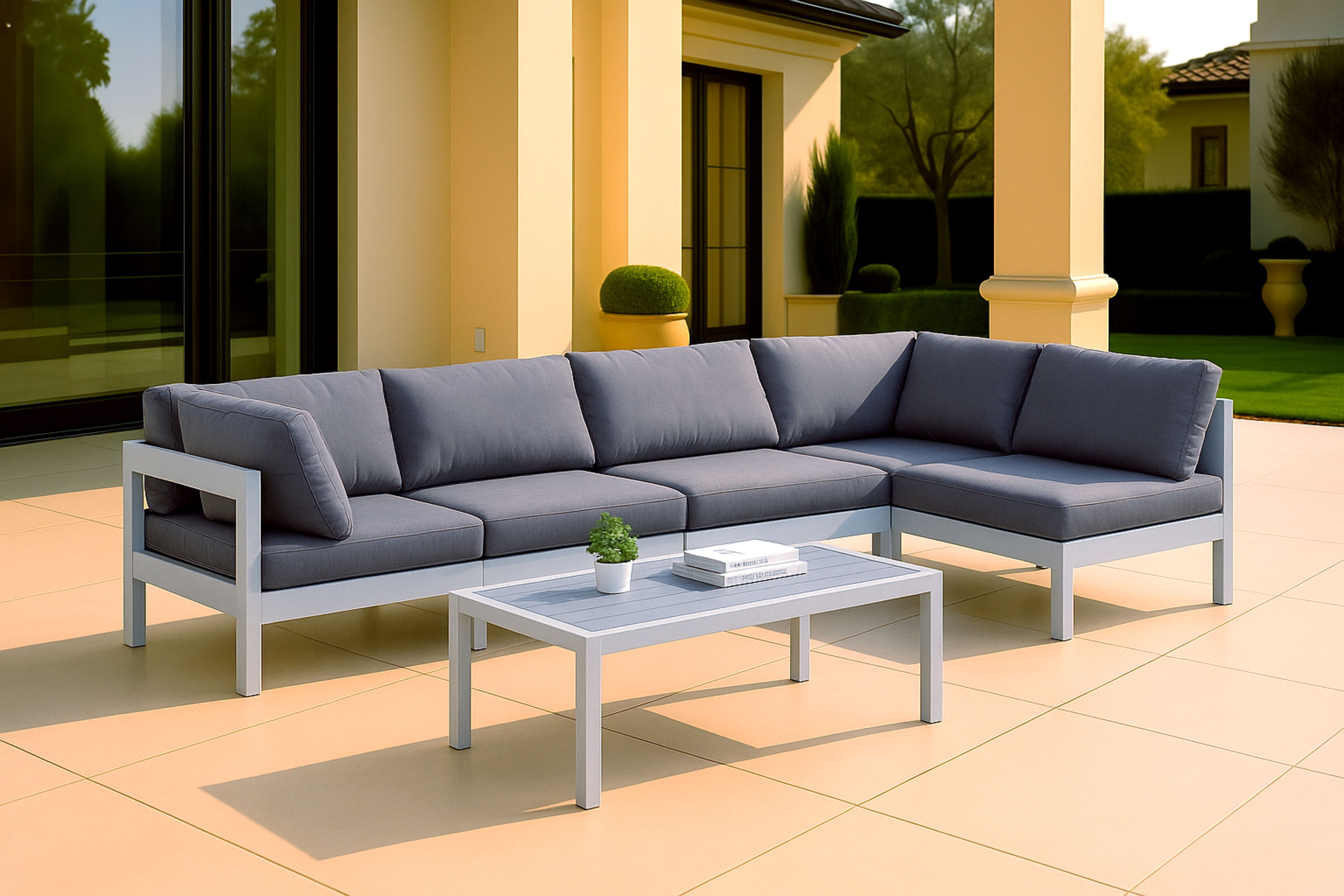 Nizuc - Outdoor Patio 5 Piece Modular Sectional With White Frame - Gray