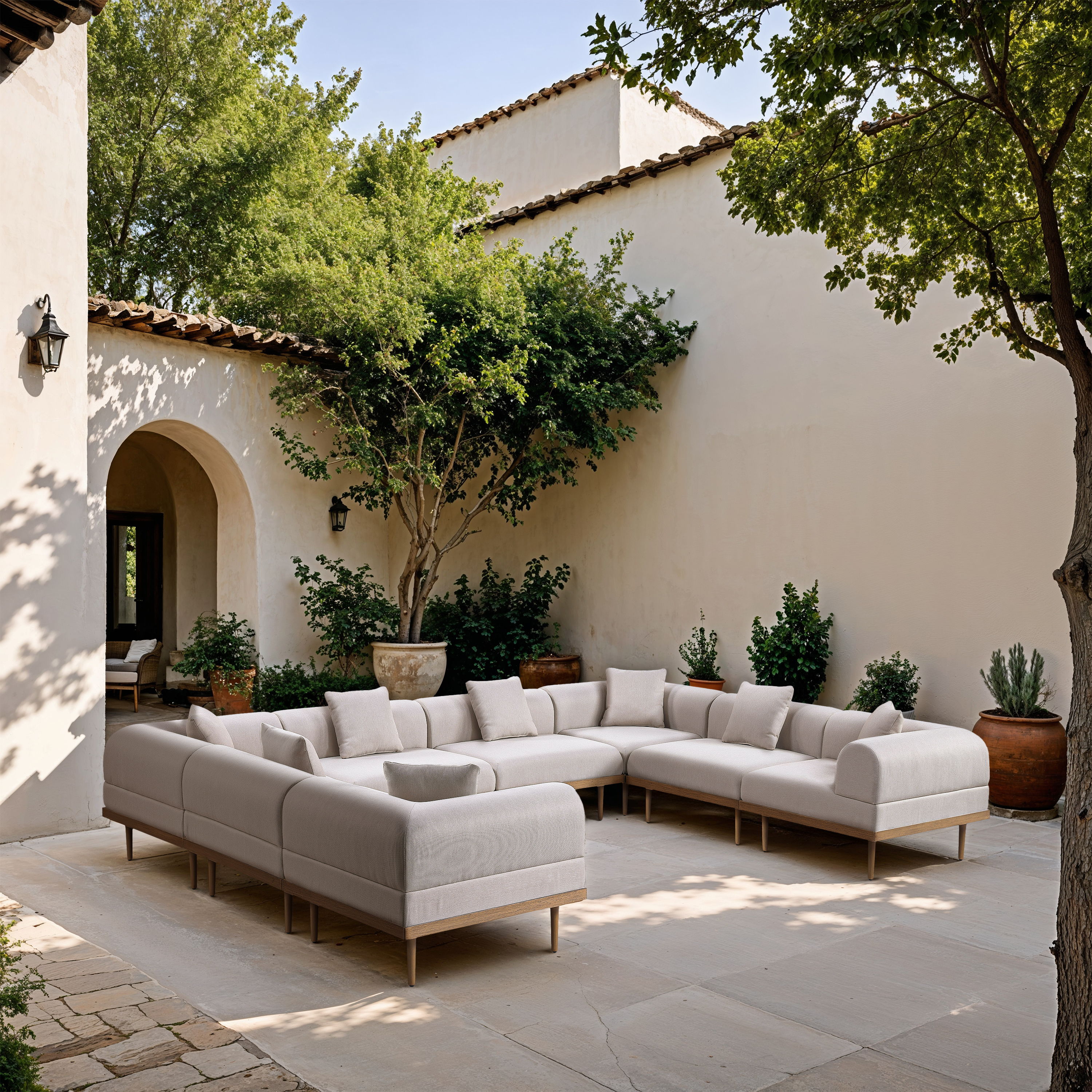 Laguna - 8 Piece Resilient Water Resistant Fabric 142" Upholstered Outdoor Patio Modular Sectional - Beige