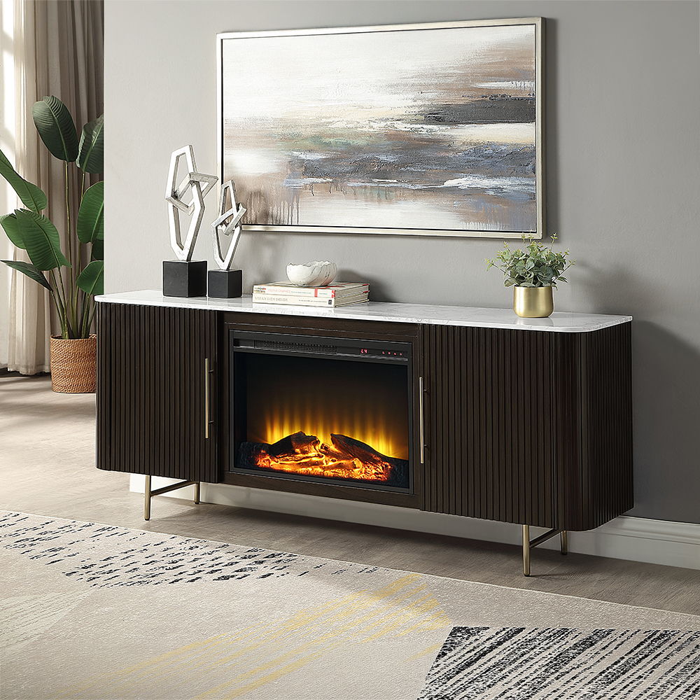 Clayten - Server With Marble Top & Fireplace - White & Espresso, dark brown