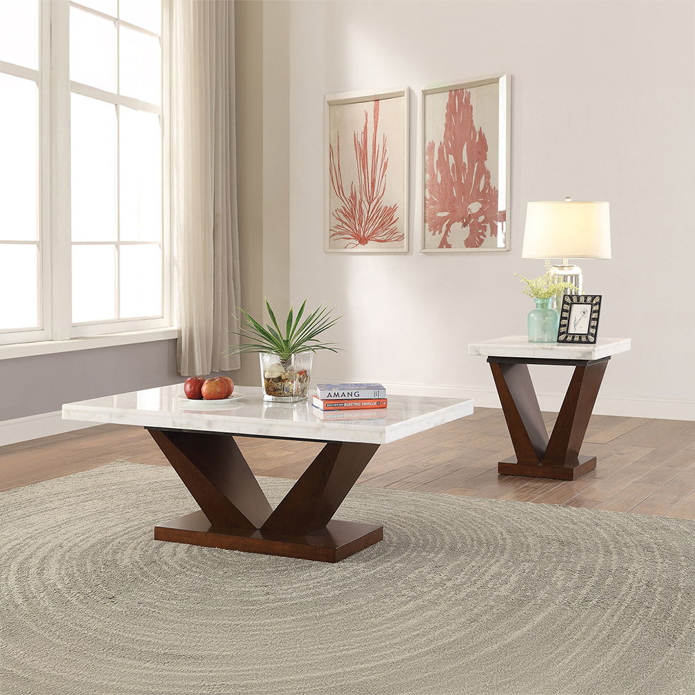 Forbes - Coffee Table - White Natural Marble Top & Walnut, white, view 3