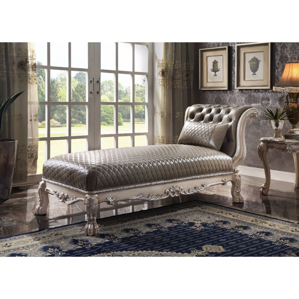Dresden - Chaise With Pillow - Namibia Synthetic Leather & Vintage Bone White, dark gray