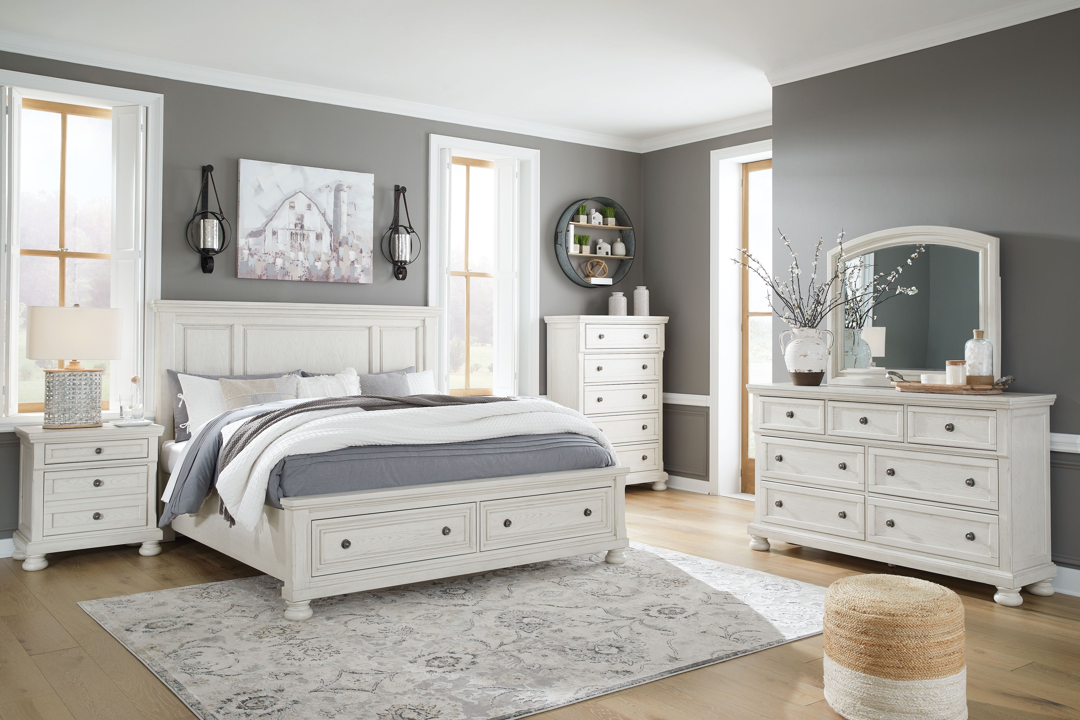 Ashley Robbinsdale - Antique White - 6 Pc. - Dresser, Mirror, Chest, Queen Panel Storage Bed