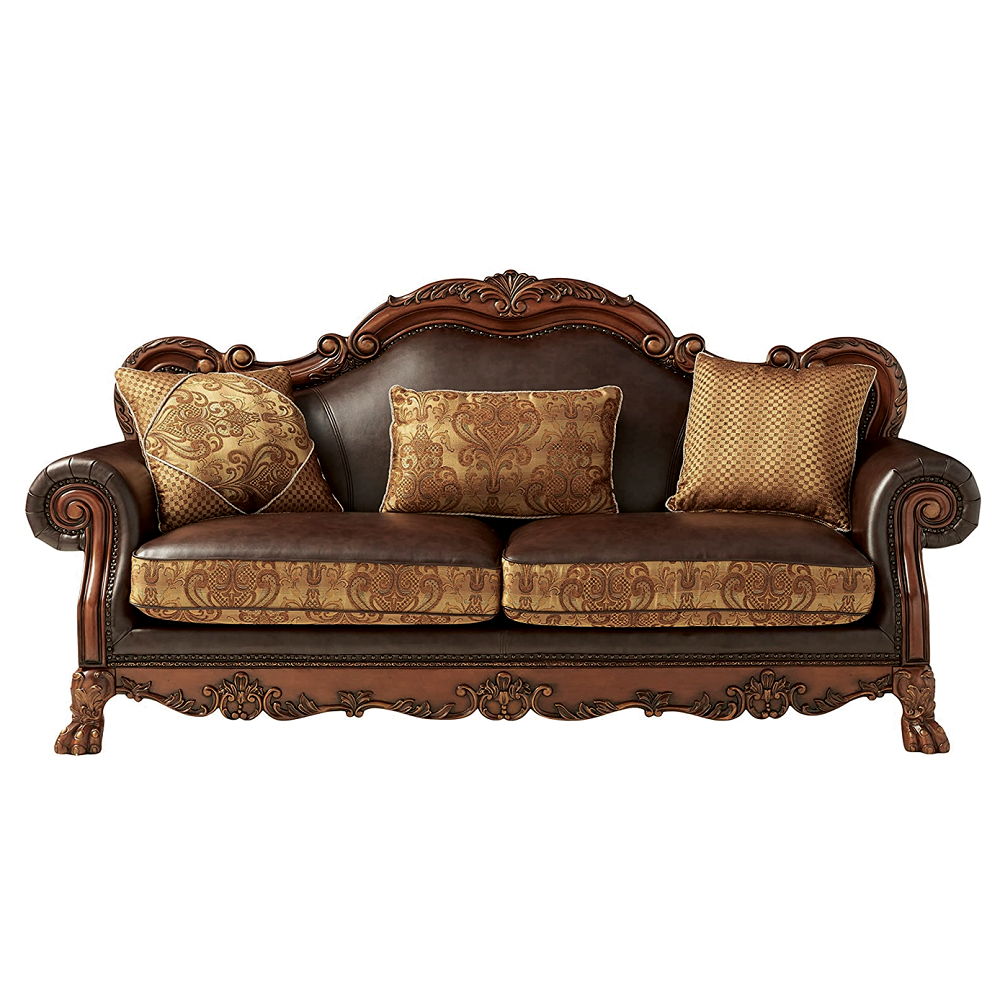 Dresden - Sofa With 3 Pillows - Brown Synthetic Leather & Chenille, Cherry Oak, dark brown, view 6