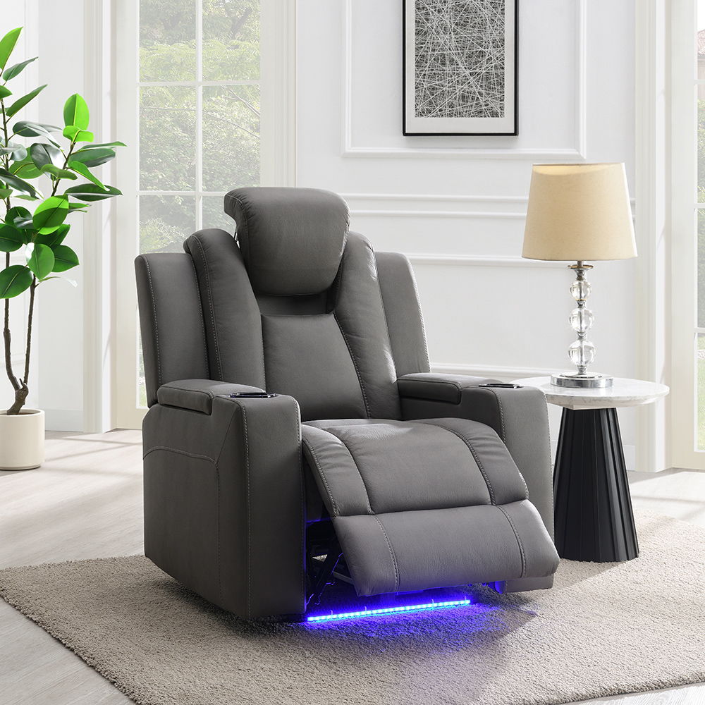 Leuco - Power Motion Recliner With Cup Holder, Control, LED & Power Headrest - Gray, dark gray
