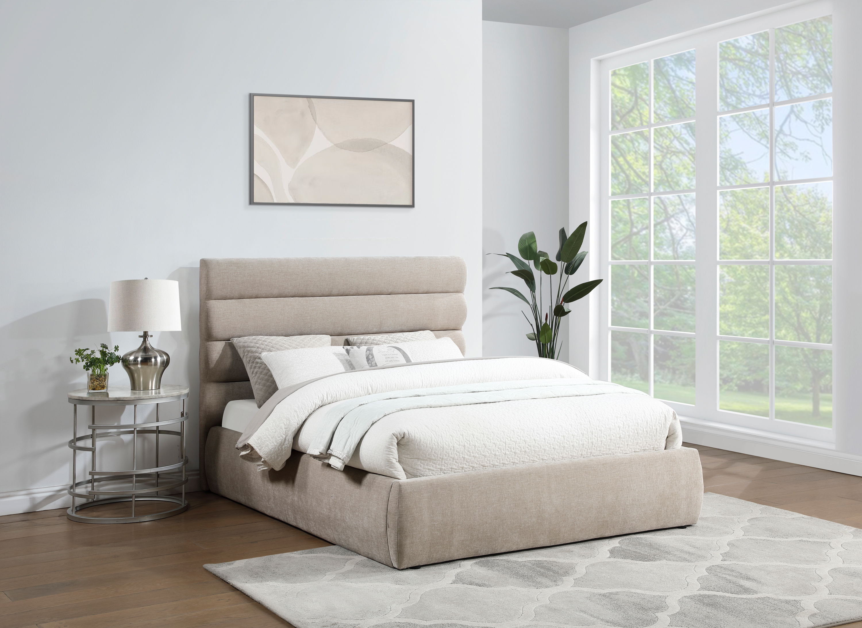 Adam - Chenille Fabric Queen Bed With 52" Headboard - Beige