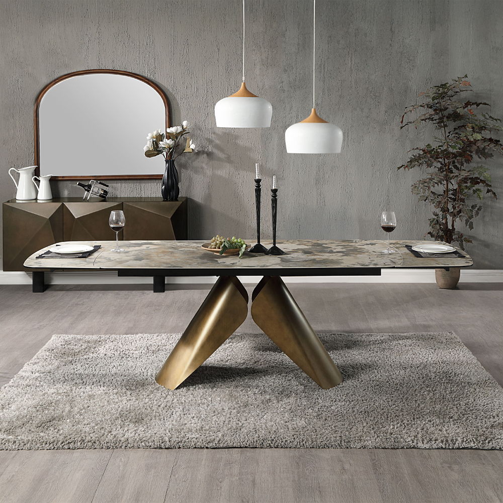 Malika - Ceramic Top Dining Table - Gray & Copper Cross Brushed, bronze