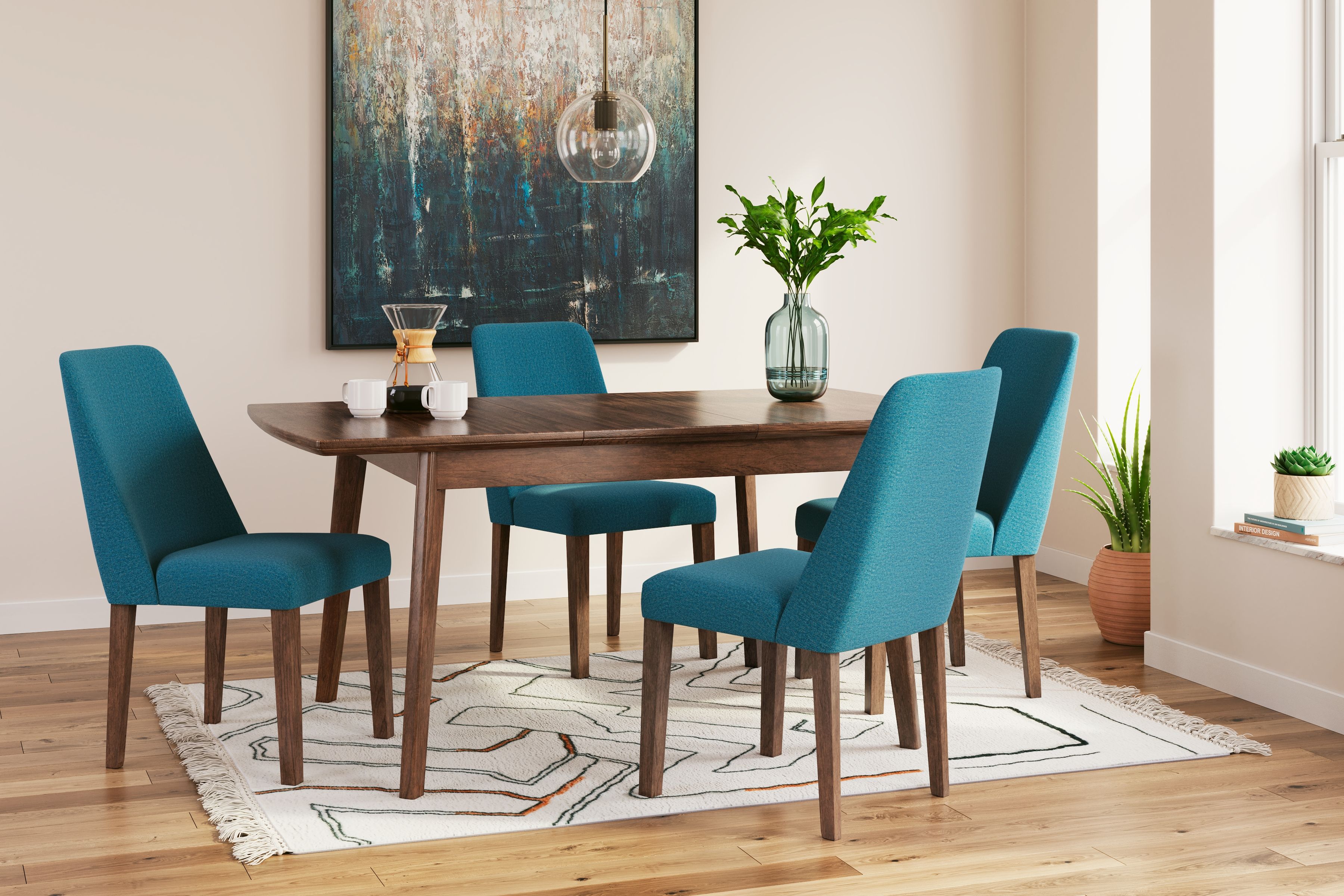 Lyncott - 5 Pc. - Butterfly Extension Table, 4 Side Chairs - Blue / Brown