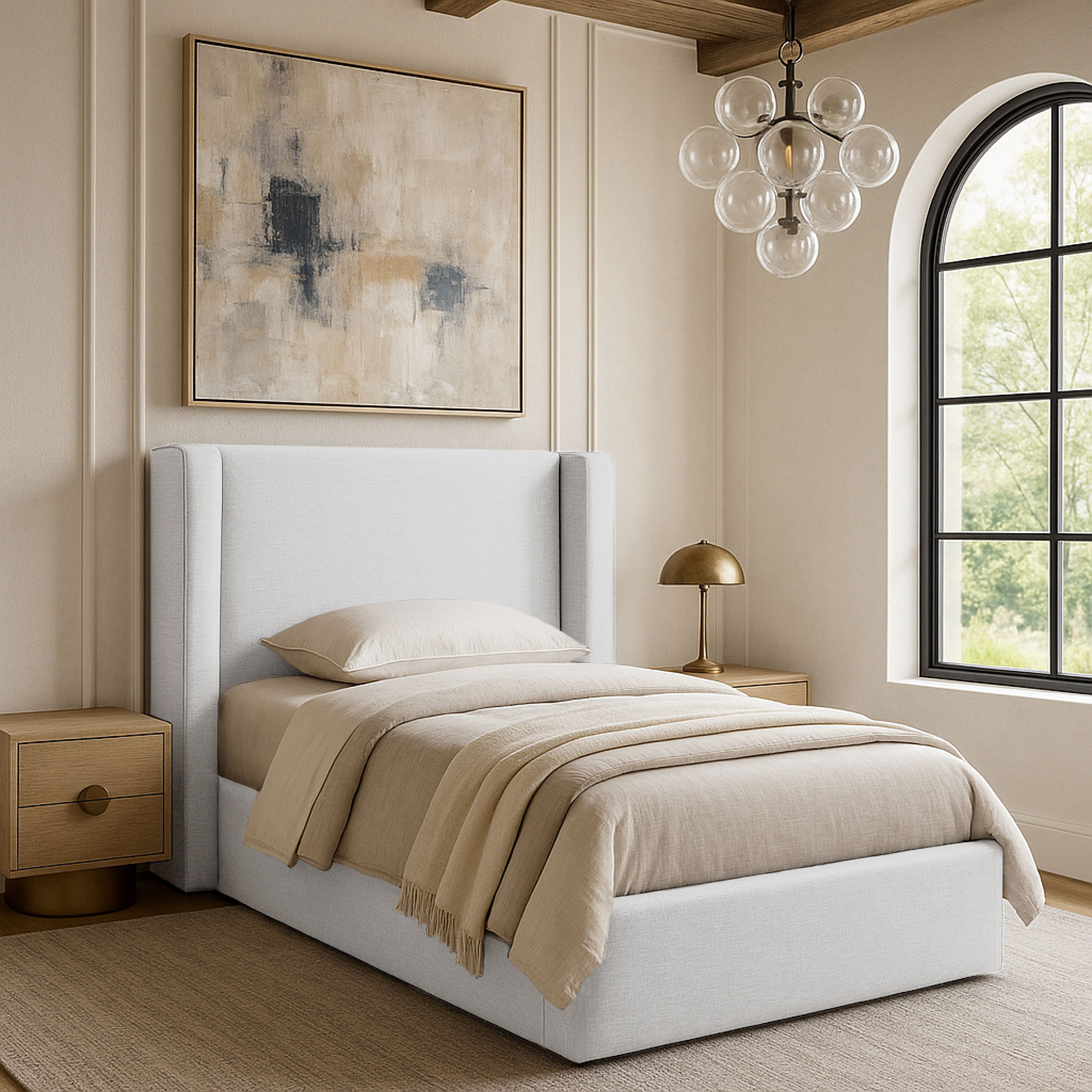 Kendall - Linen Textured Fabric Upholstered Twin Bed - White