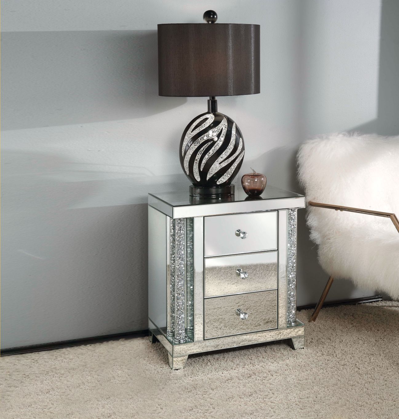 Noralie - 22" X 14" Accent Table - Mirrored & Faux Diamonds, silver