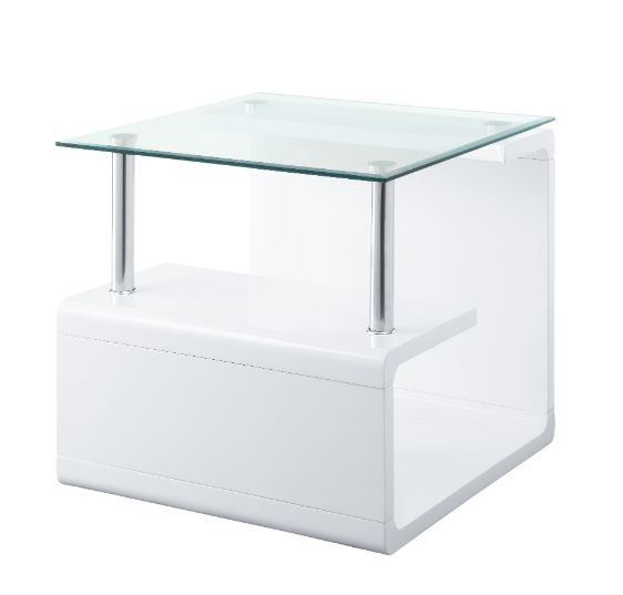 Nevaeh - End Table - Clear Glass Top & White High Gloss, white