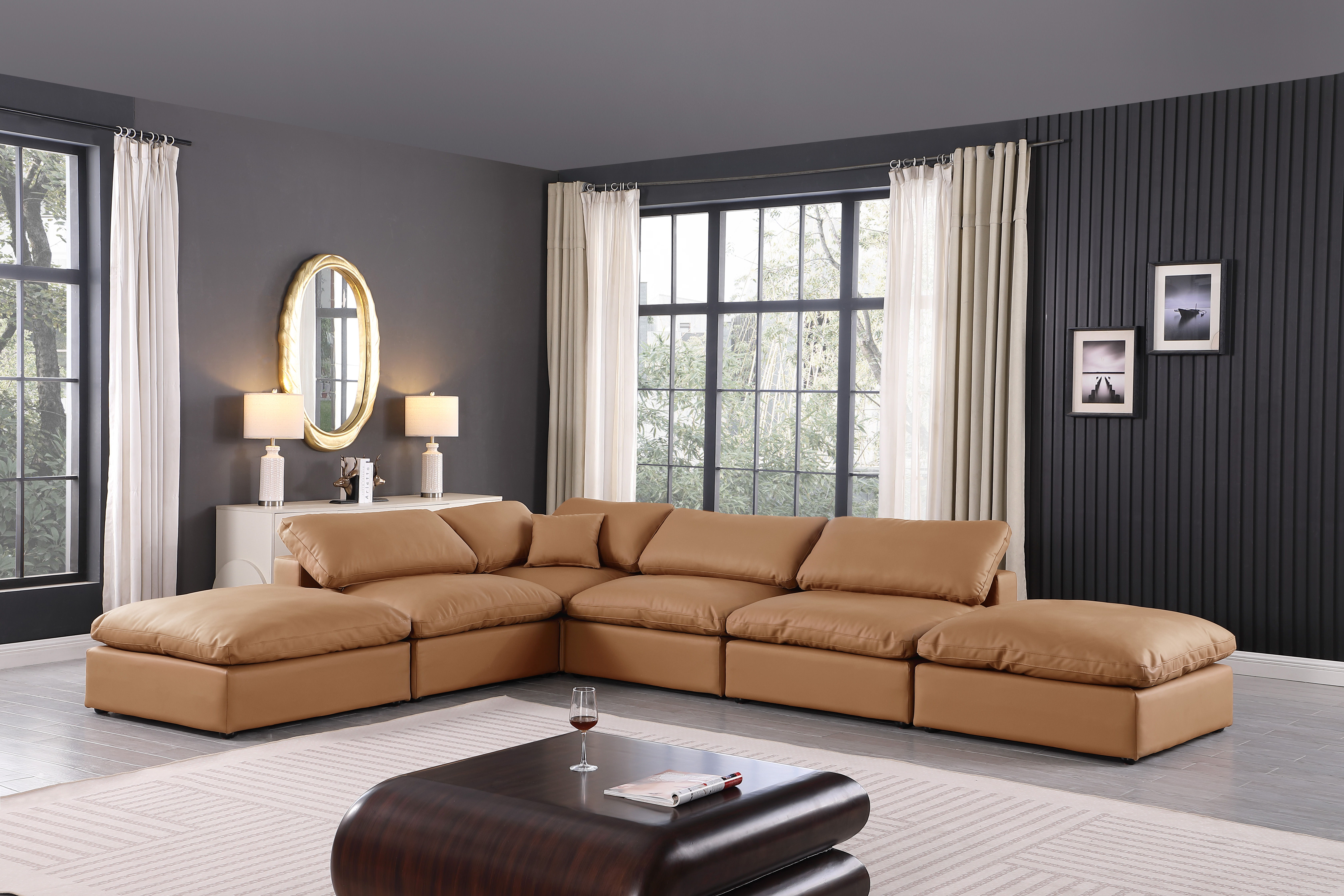 Comfy - 6 Piece Faux Leather Modular Sectional - Cognac