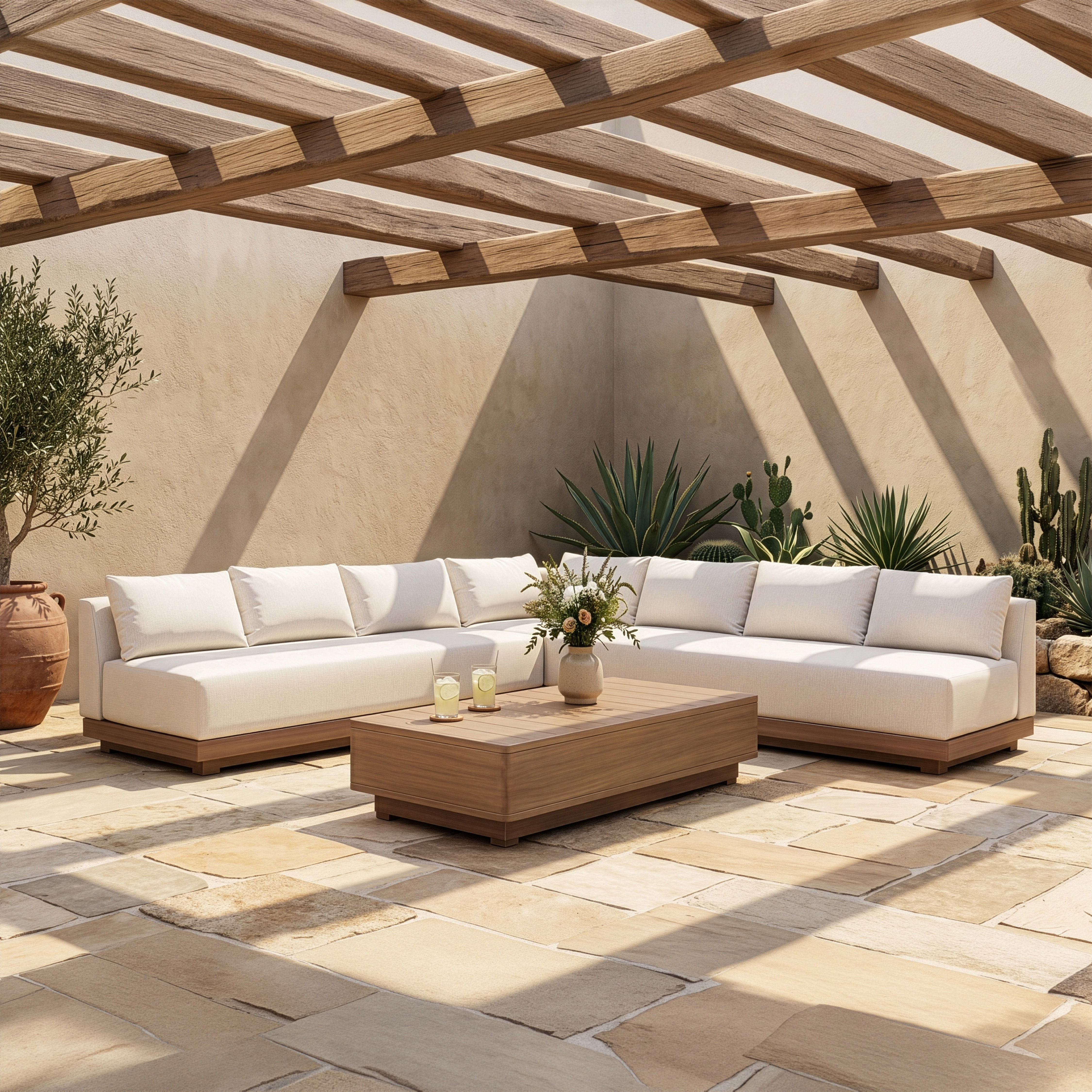 Solace - Olefin Performance Fabric 3 Piece Outdoor Patio Modular Sectional (2 Sofas & Corner Chair)- Cream