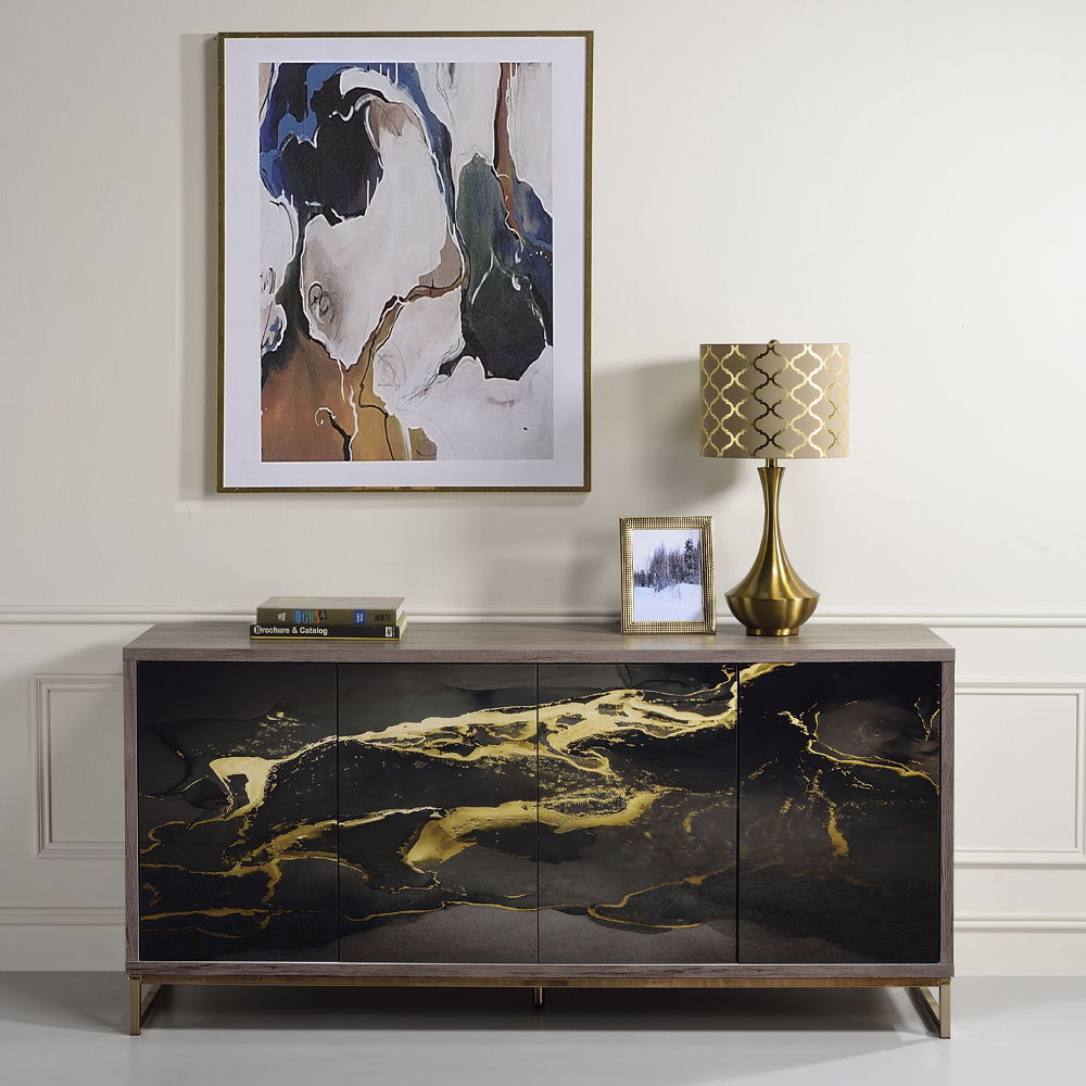 Payo - Console Cabinet - Black Marble Print Oak & Champagne, black, view 3
