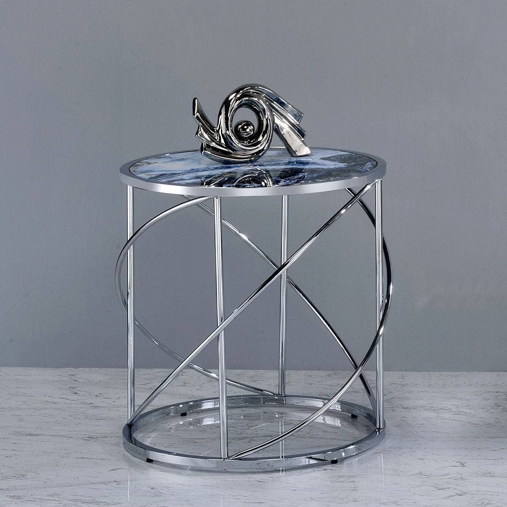 Lyda - End Table - Blue Marble Print & Chrome, blue