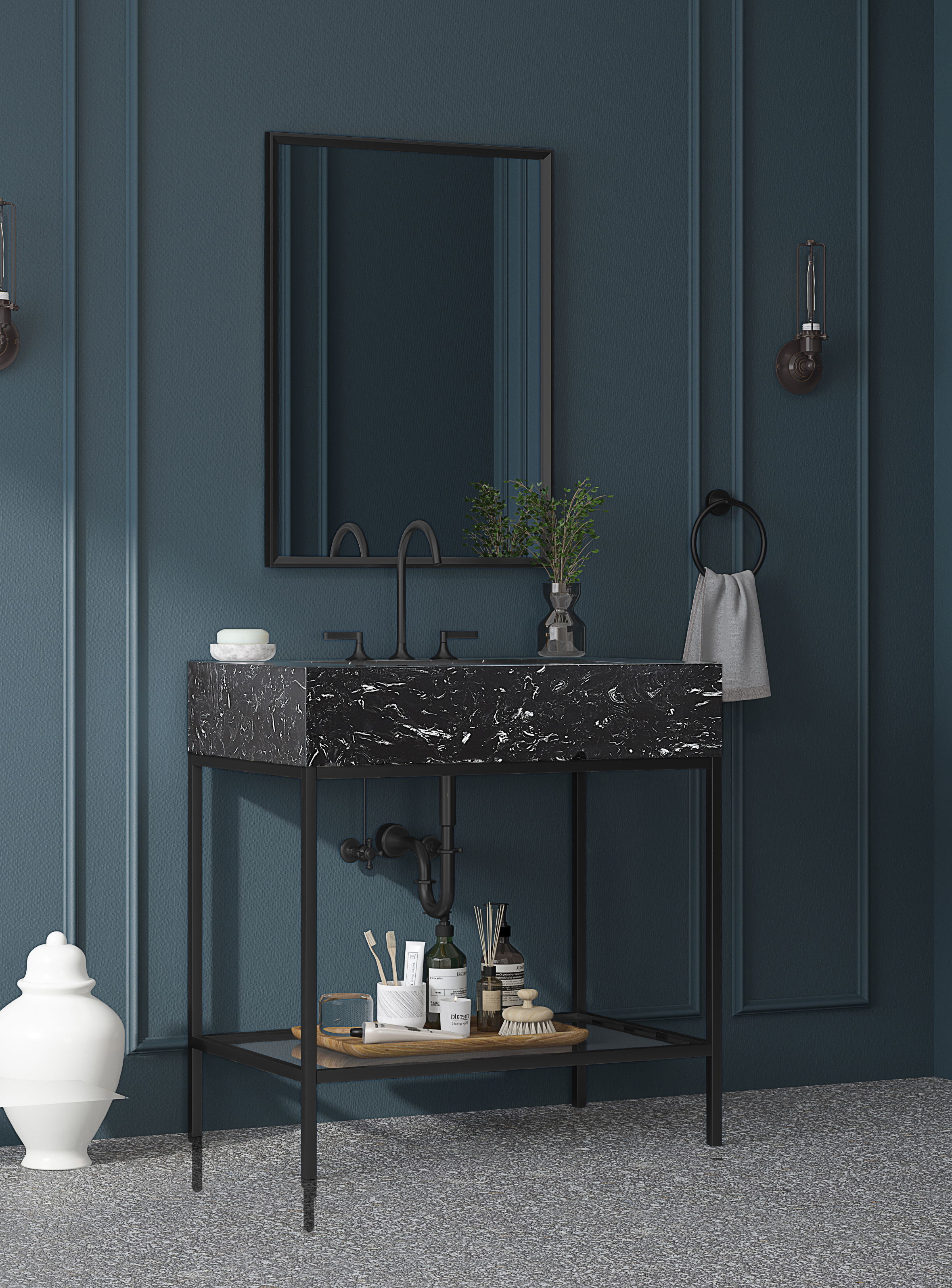 Marmo - 30" Engineered Marble Bathroom Vanity With Black Base - Black