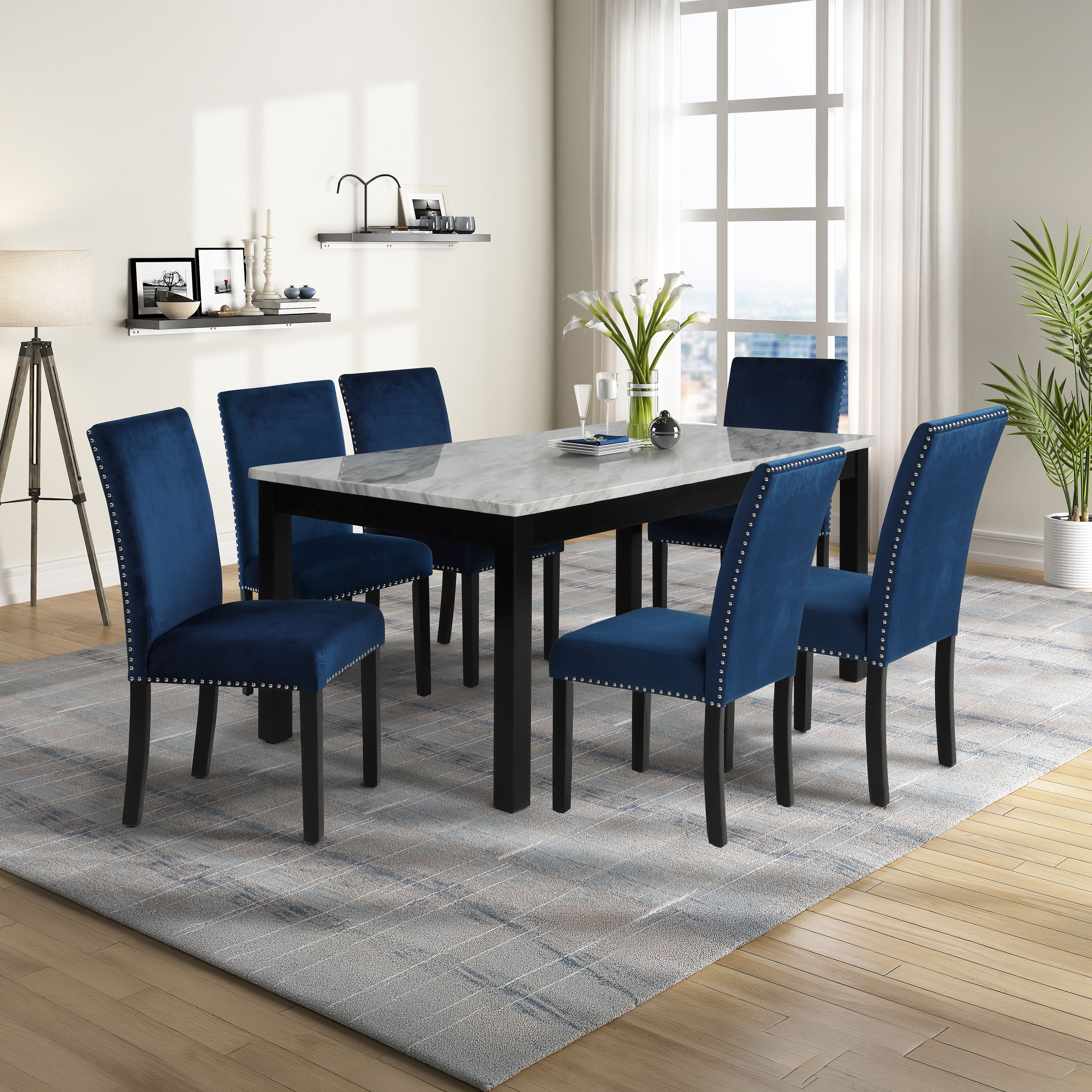 Celeste - Dining Table With 6 Chairs - Black / Blue