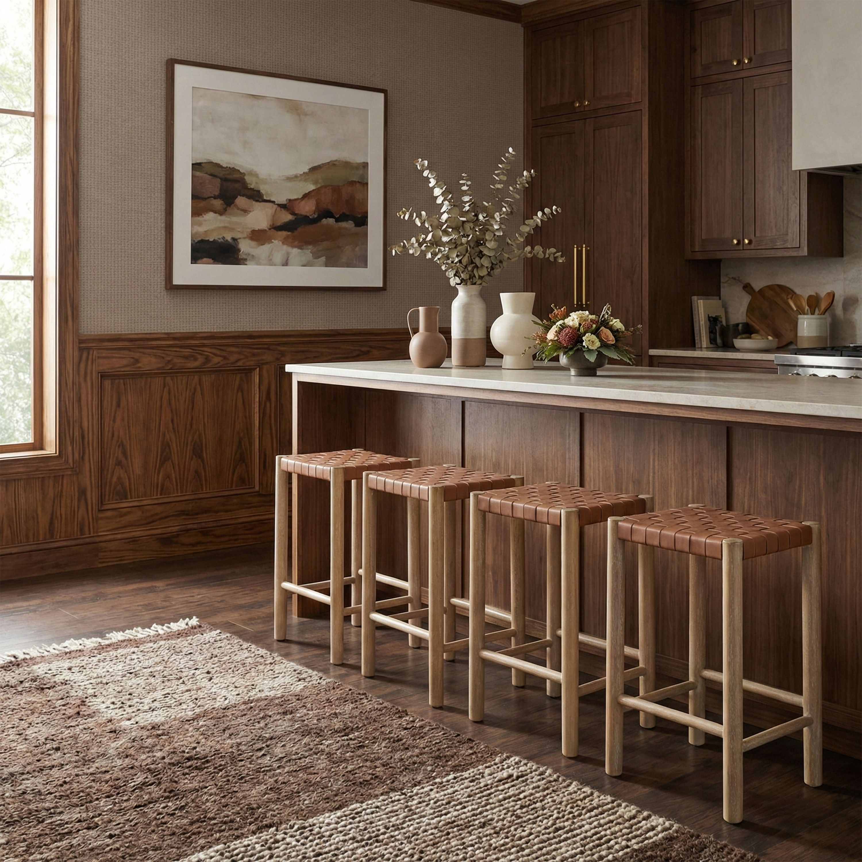 Entwine - Vegan Leather Upholstered Backless Counter Stool - Brown / Painted Natural