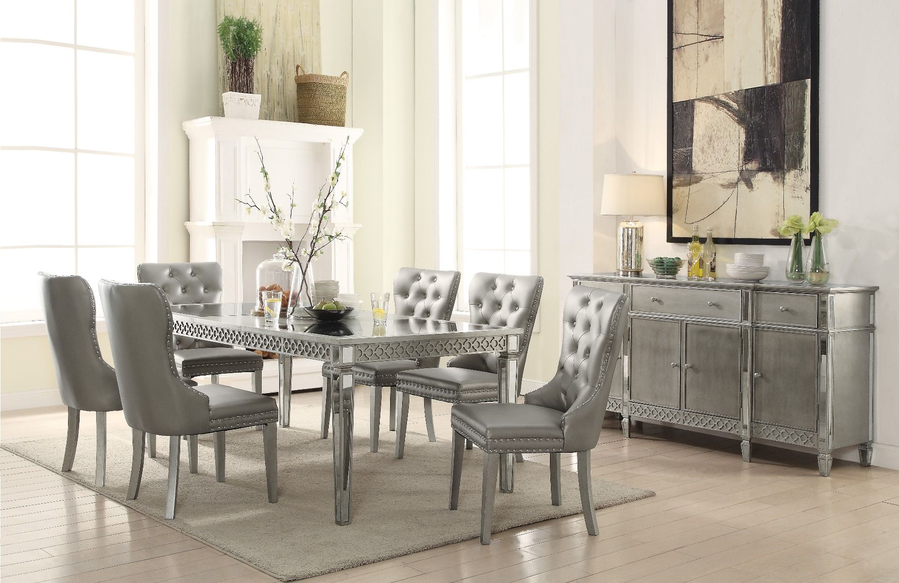 Kacela - Side Chair (Set of 2) - Champagne Synthetic Leather & Champagne, silver, view 2