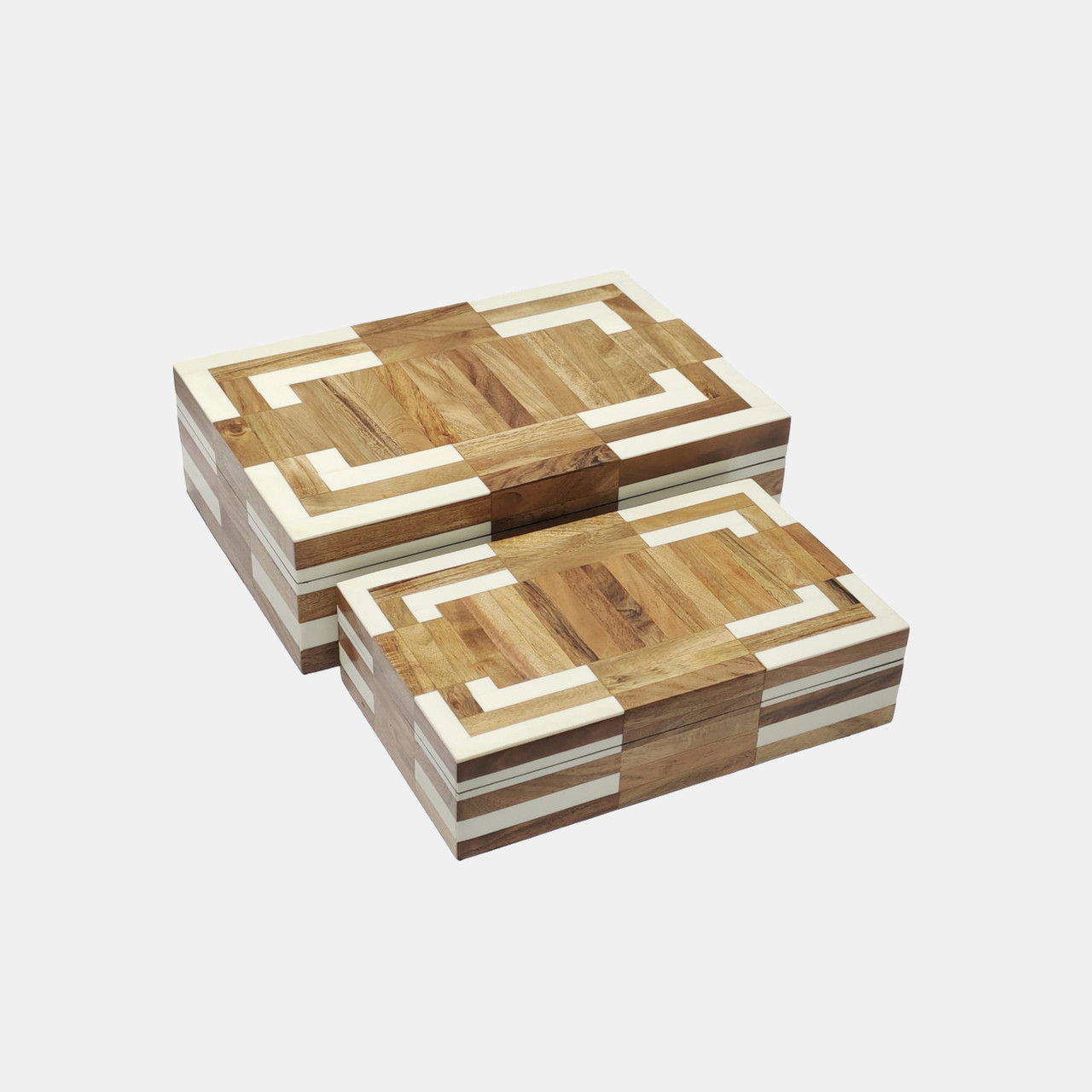 10\" / 12\" Wood Inlay Resin Boxes (Set of 2) - Natural / Ivory