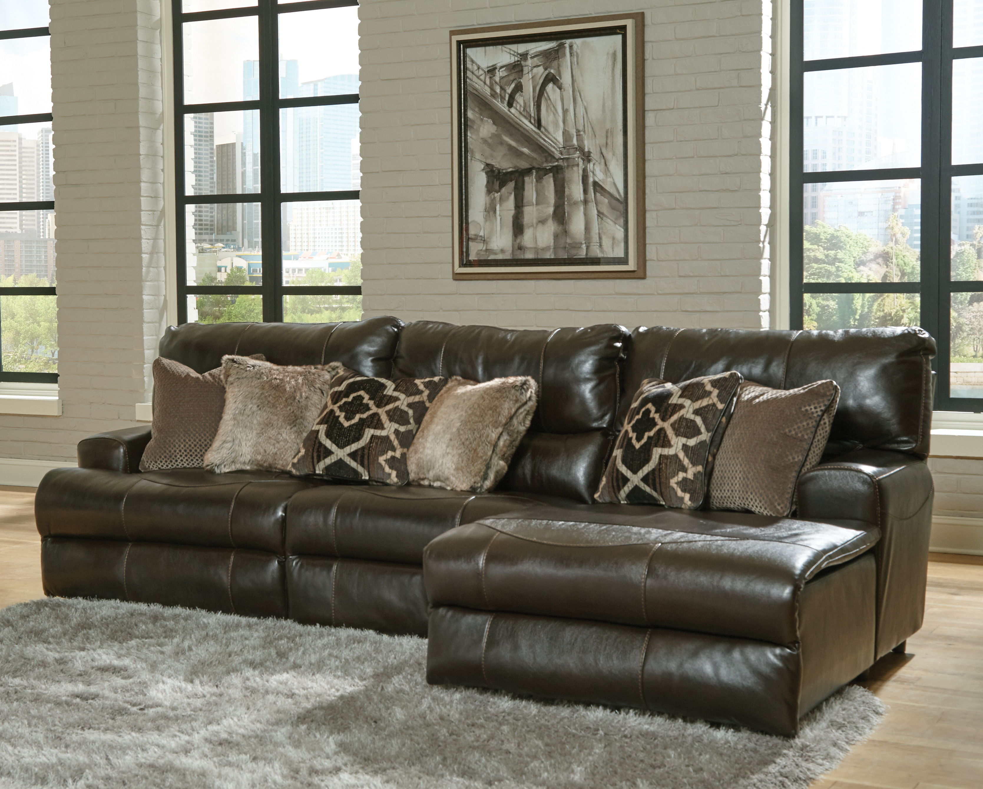Como - 3 Piece Italian Leather Match Power Reclining Sofa / Chaise With 1 Lay Flat Reclining Seat And RSF Chaise - Chocolate