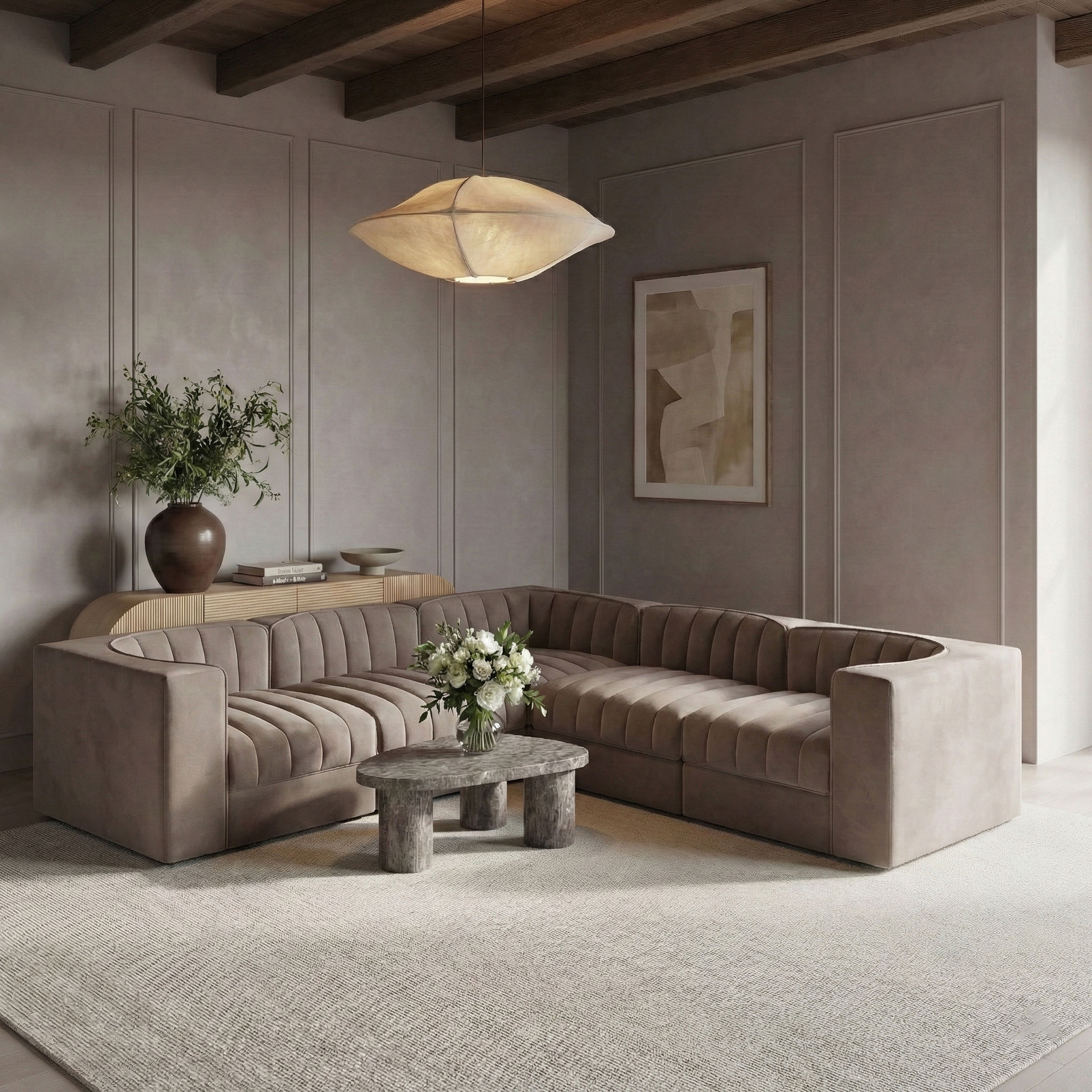 Rummi - Velvet Performance Fabric Upholstered 5 Piece Modular Sectional (With 3 Corner Chairs) - Taupe