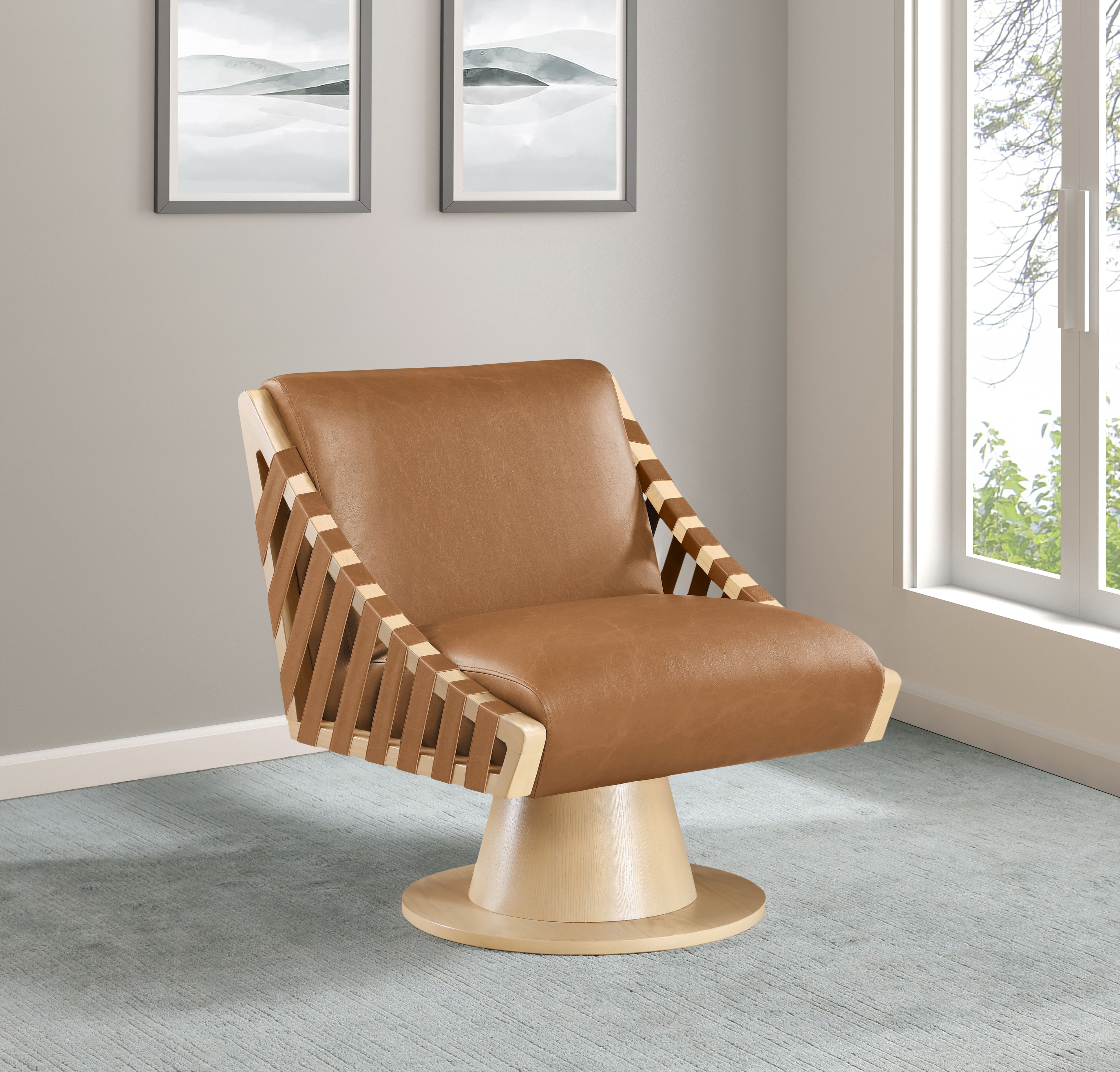 Millwin - Swivel Accent Chair With Natural Base - Cognac