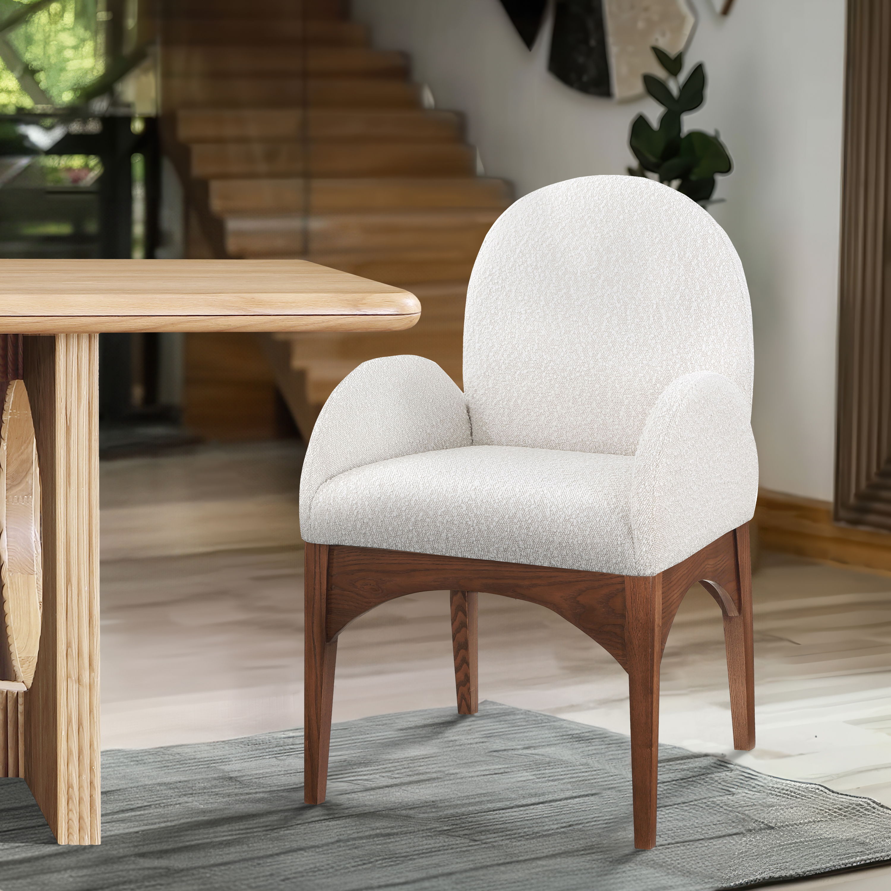 Waldorf - Boucle Dining Arm Chair With Brown Legs - Cream