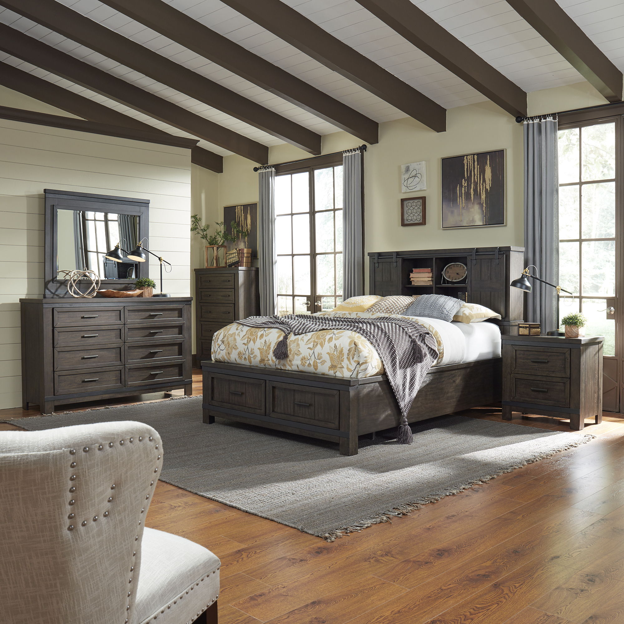 Liberty Furniture Thornwood Hills - 5 Piece Bedroom Set (Queen Bookcase Bed, Dresser & Mirror, Chest, Nightstand) - Dark Brown